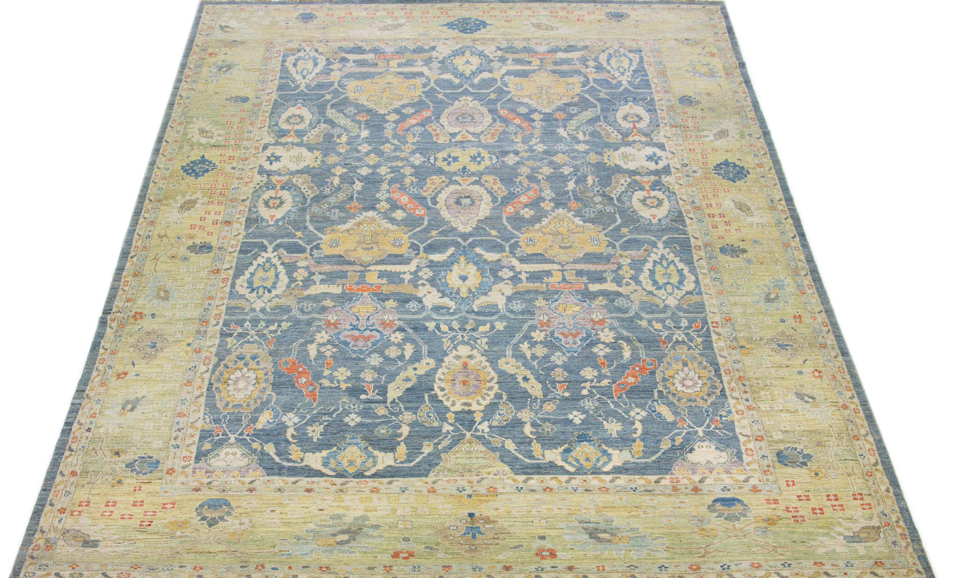 Persian Room Size Navy Blue Modern Floral Sultanabad Wool Rug  For Sale