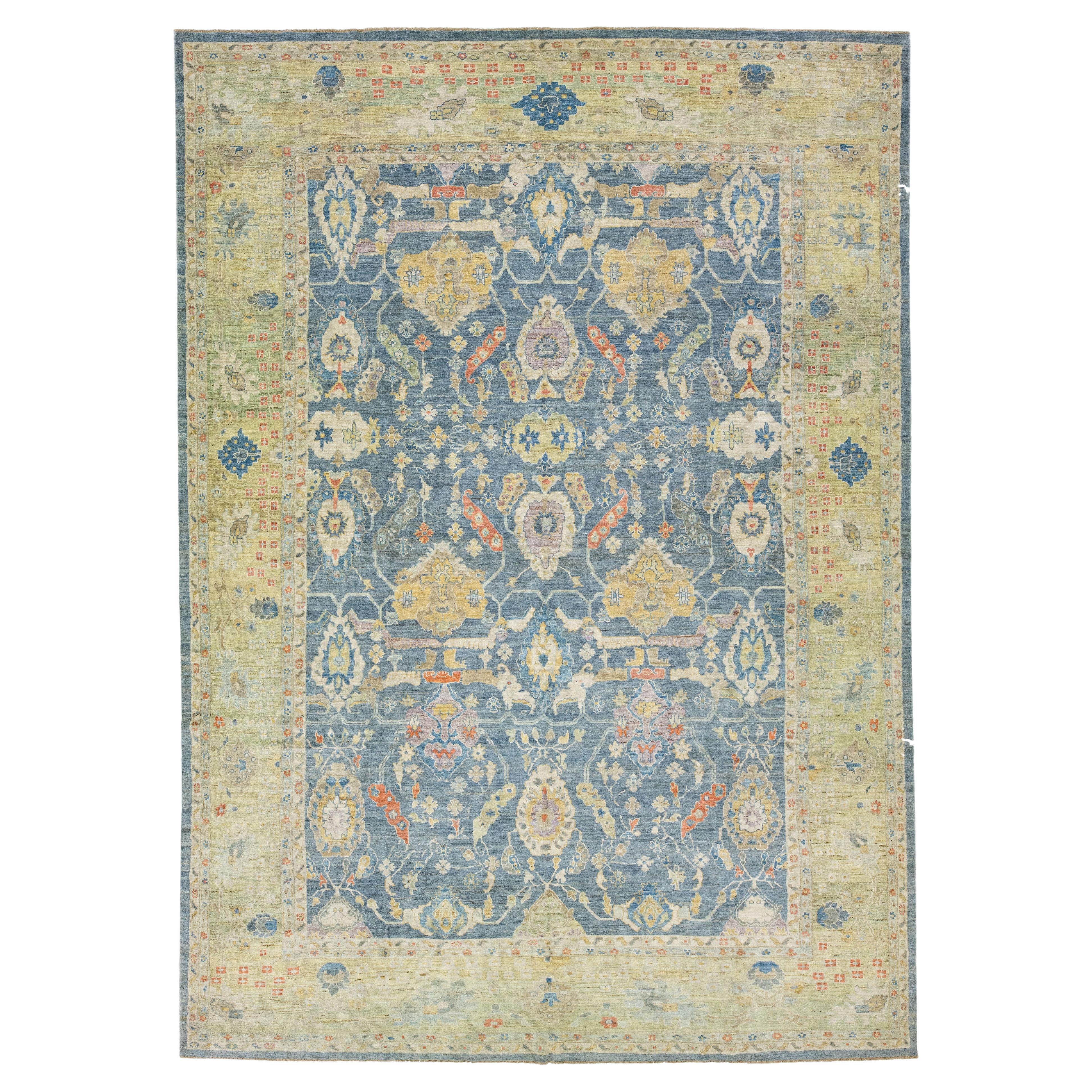 Room Size Navy Blue Modern Floral Sultanabad Wool Rug 