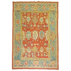 Room Size Orange Field Teal Border Late 19th Century Antique Turkish Oushak Rug