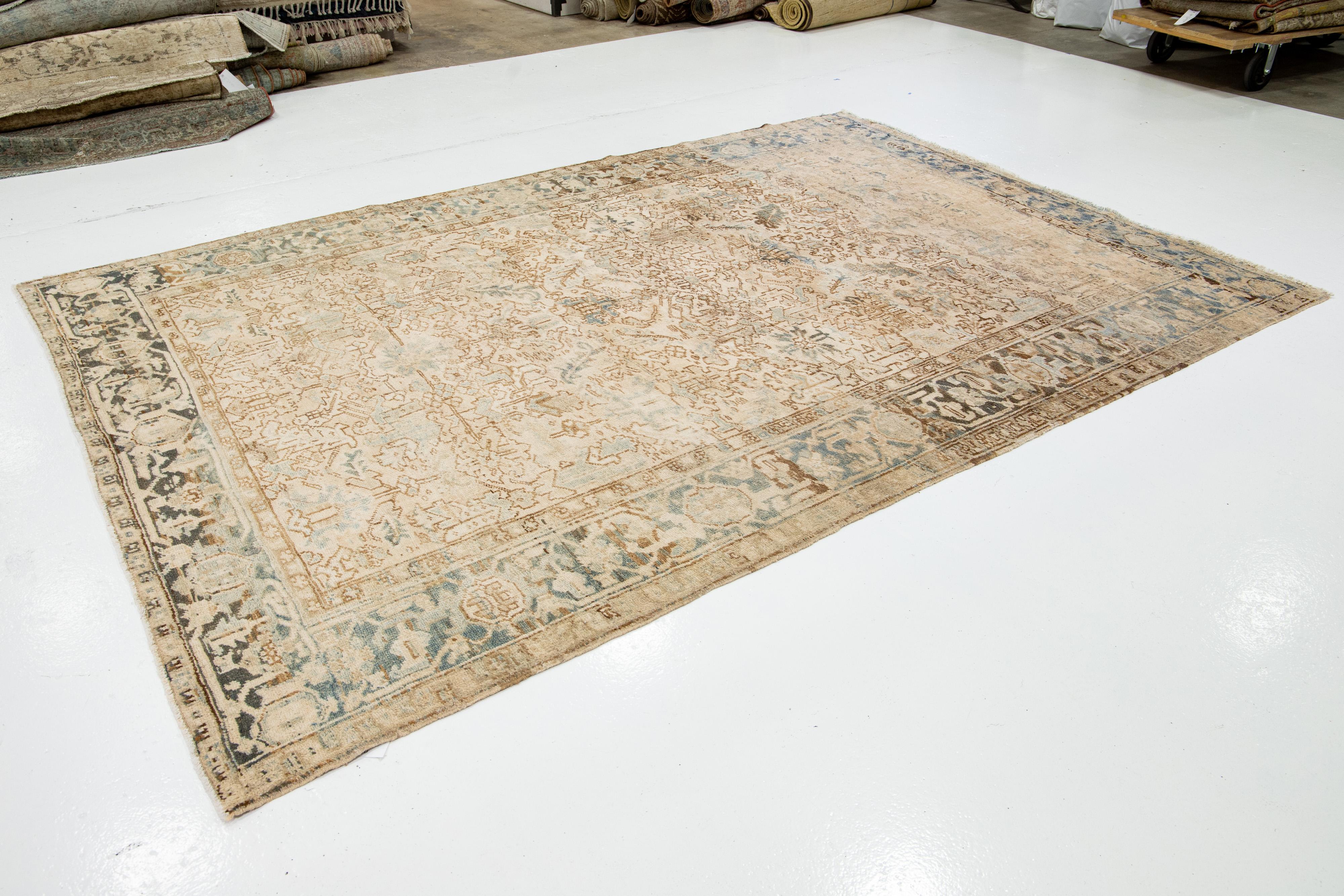  Room Size Persian Heriz Antique Wool Rug In Beige with Allover Pattern In Excellent Condition For Sale In Norwalk, CT