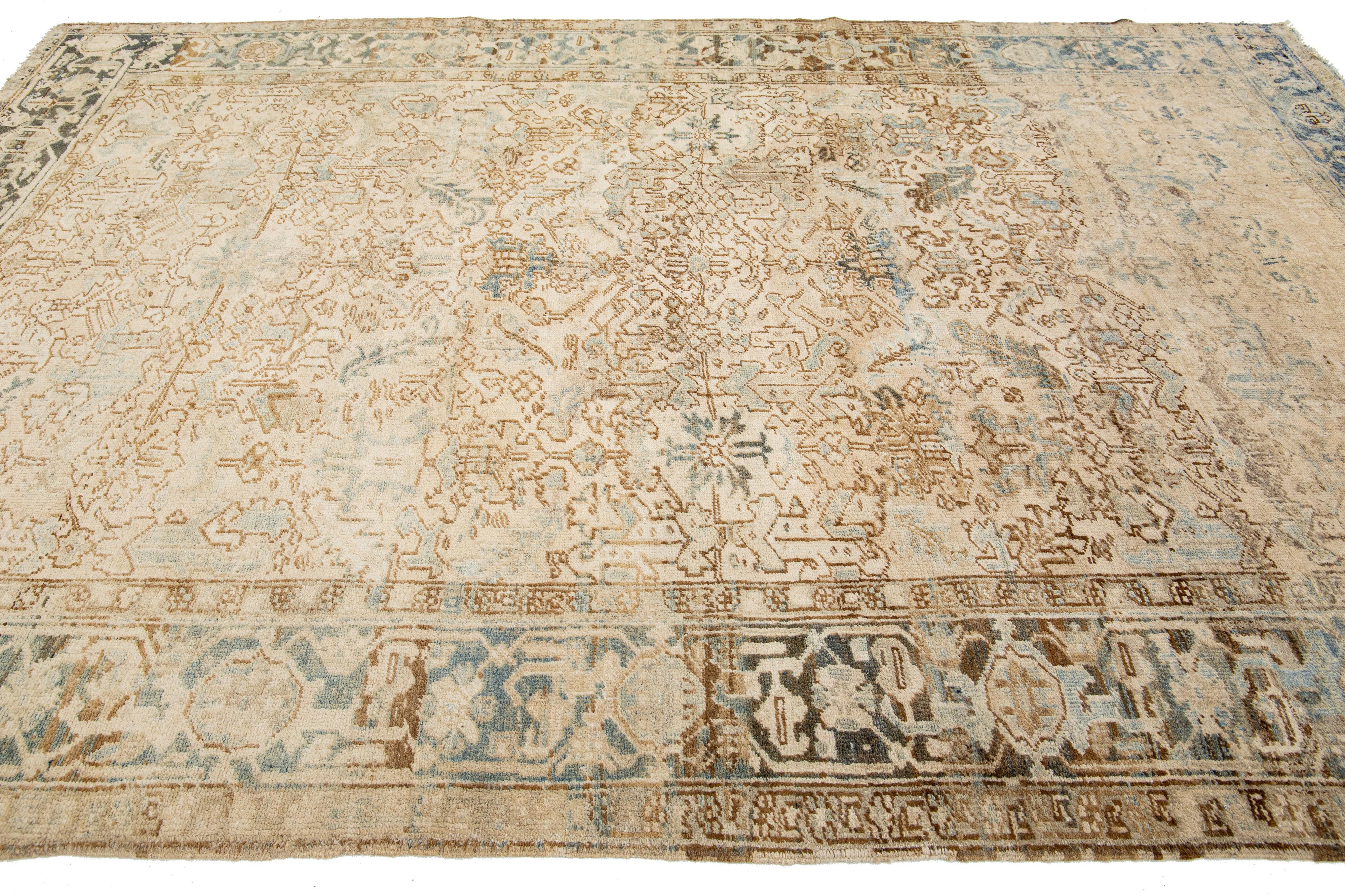  Room Size Persian Heriz Antique Wool Rug In Beige with Allover Pattern For Sale 3