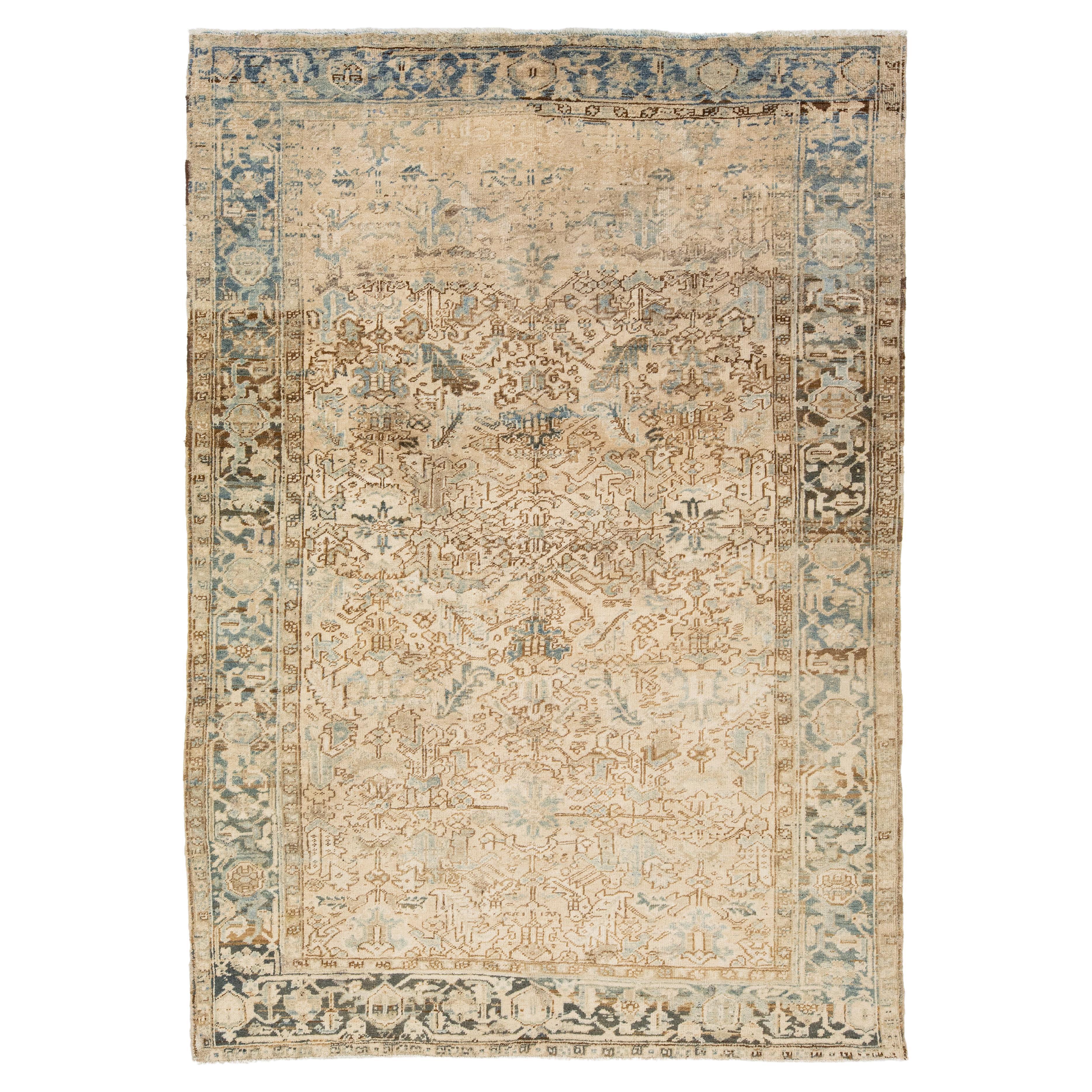  Room Size Persian Heriz Antique Wool Rug In Beige with Allover Pattern