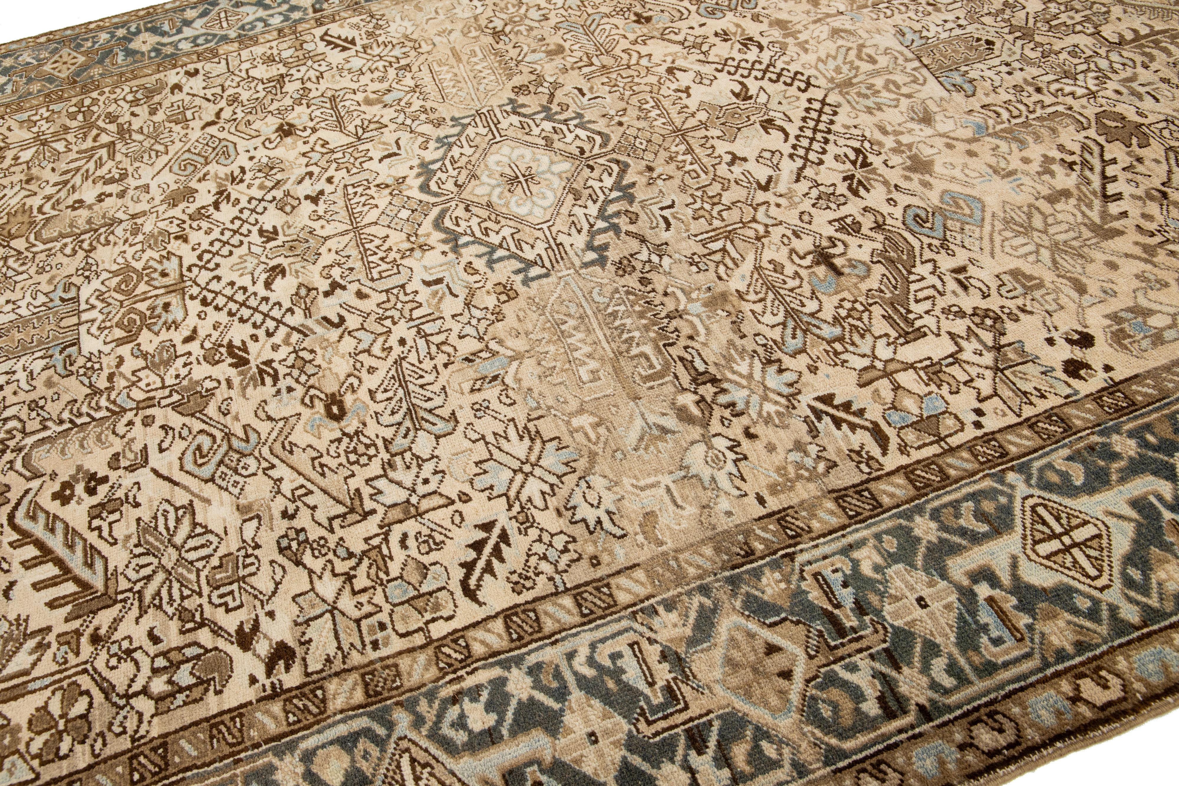Hand-Knotted Room Size Persian Heriz Wool Rug In Beige With Allover Pattern For Sale