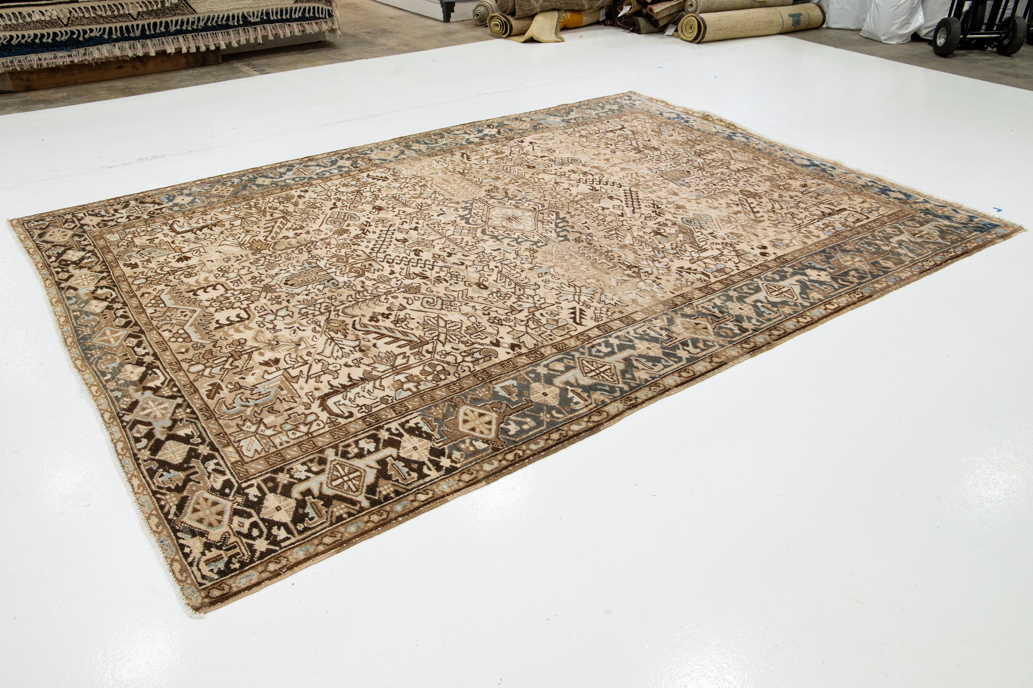Room Size Persian Heriz Wool Rug In Beige With Allover Pattern In Excellent Condition For Sale In Norwalk, CT