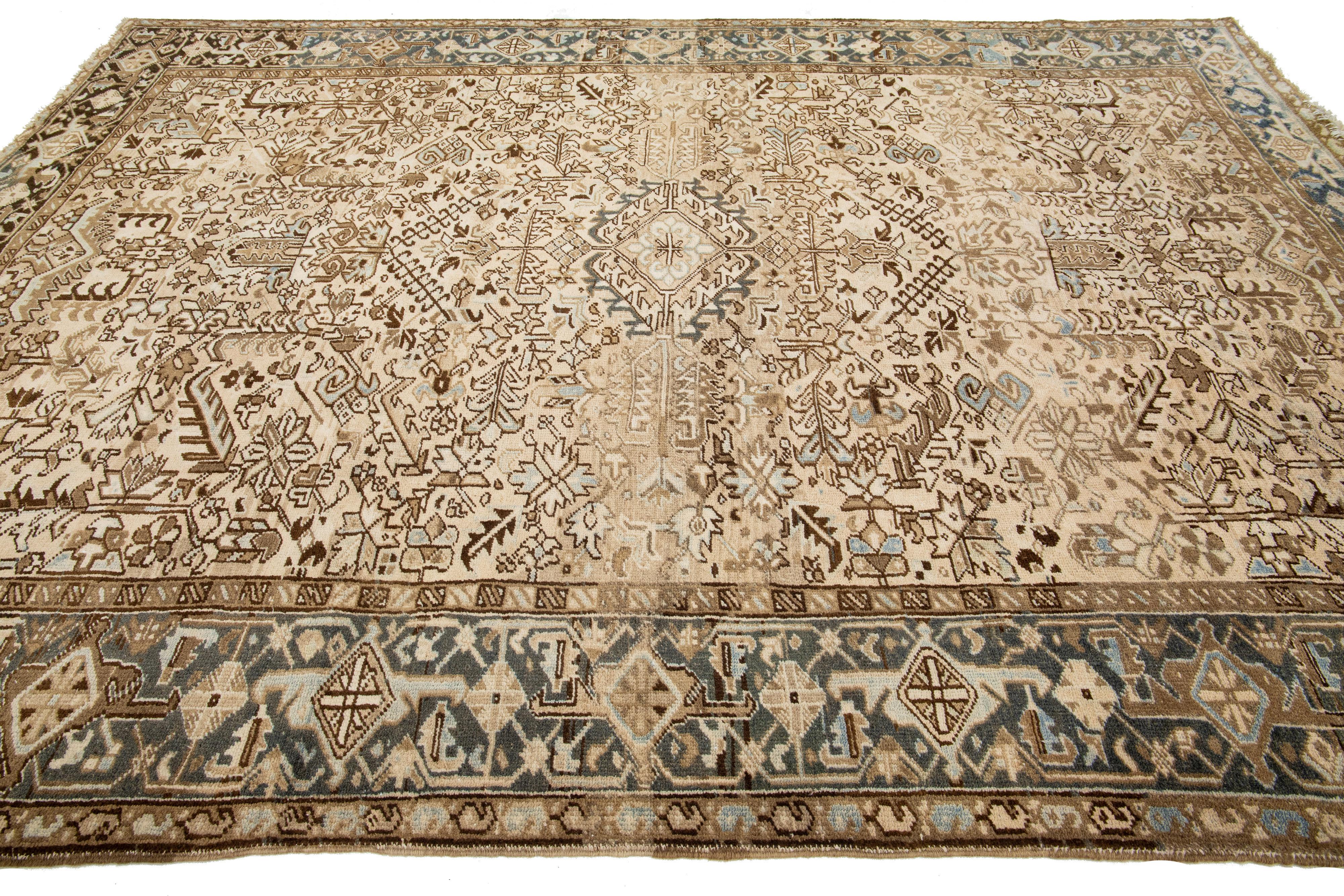 Early 20th Century Room Size Persian Heriz Wool Rug In Beige With Allover Pattern For Sale