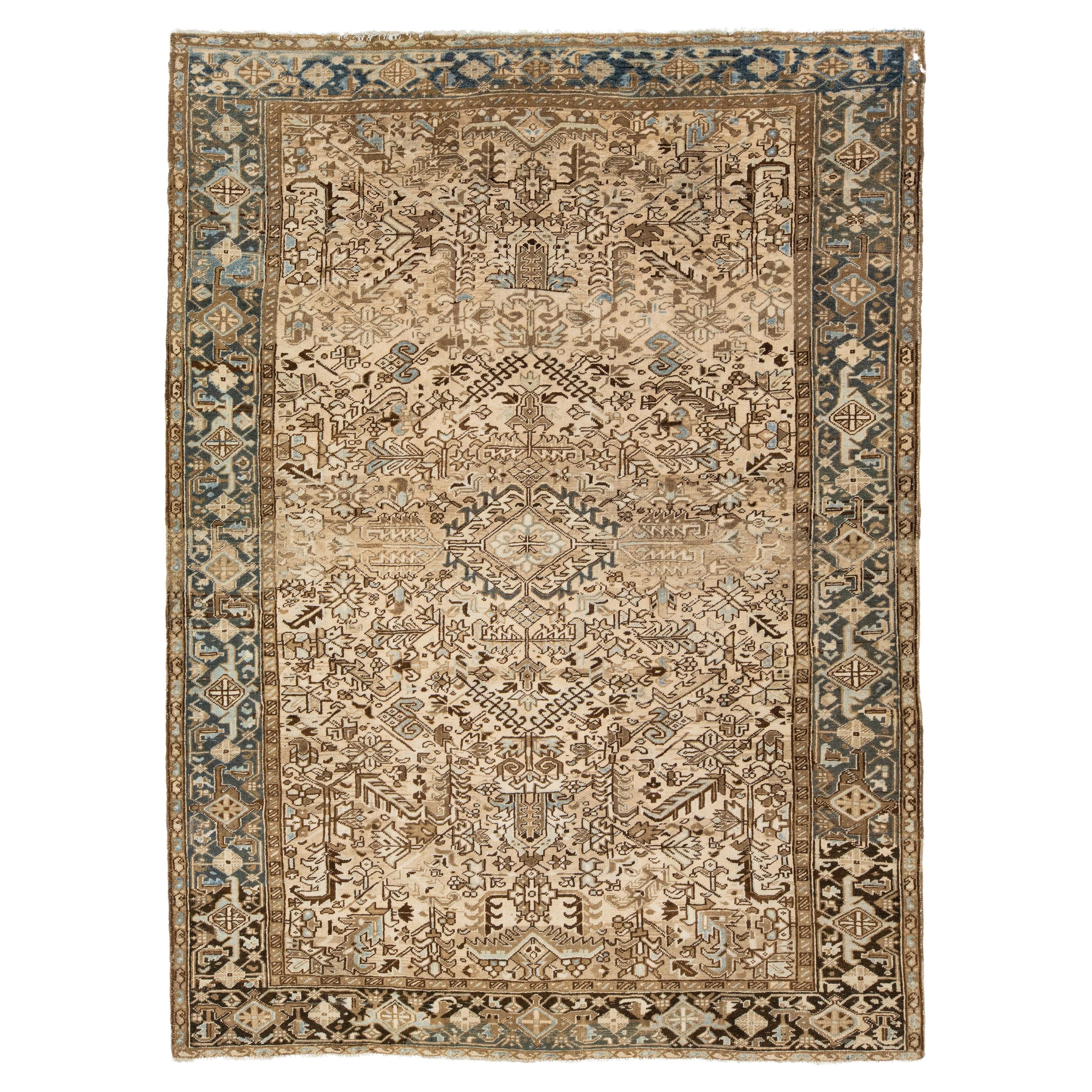 Room Size Persian Heriz Wool Rug In Beige With Allover Pattern For Sale