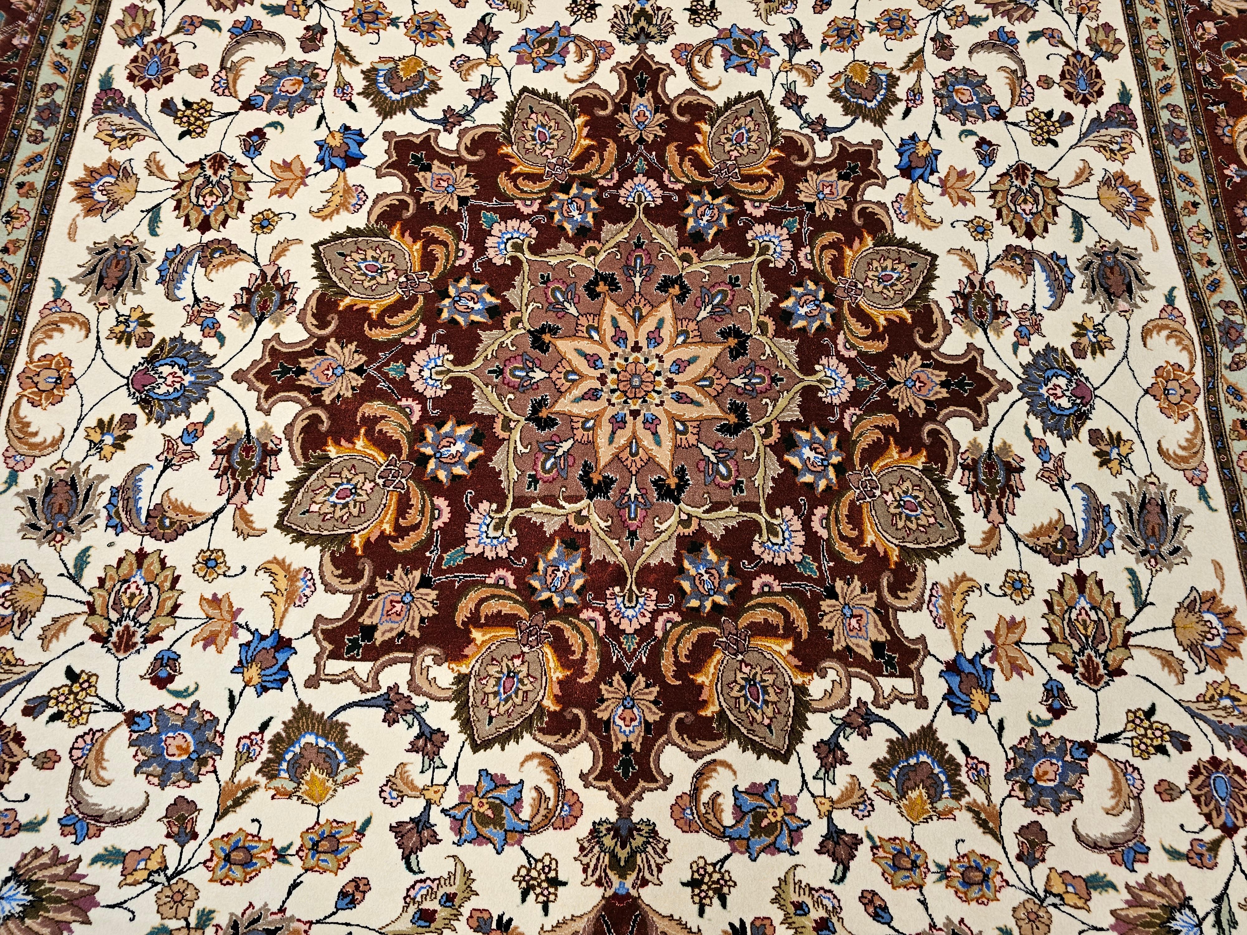 Room Size Persian Tabriz in Medallion Floral Pattern in Ivory, Chocolate, Camel For Sale 4
