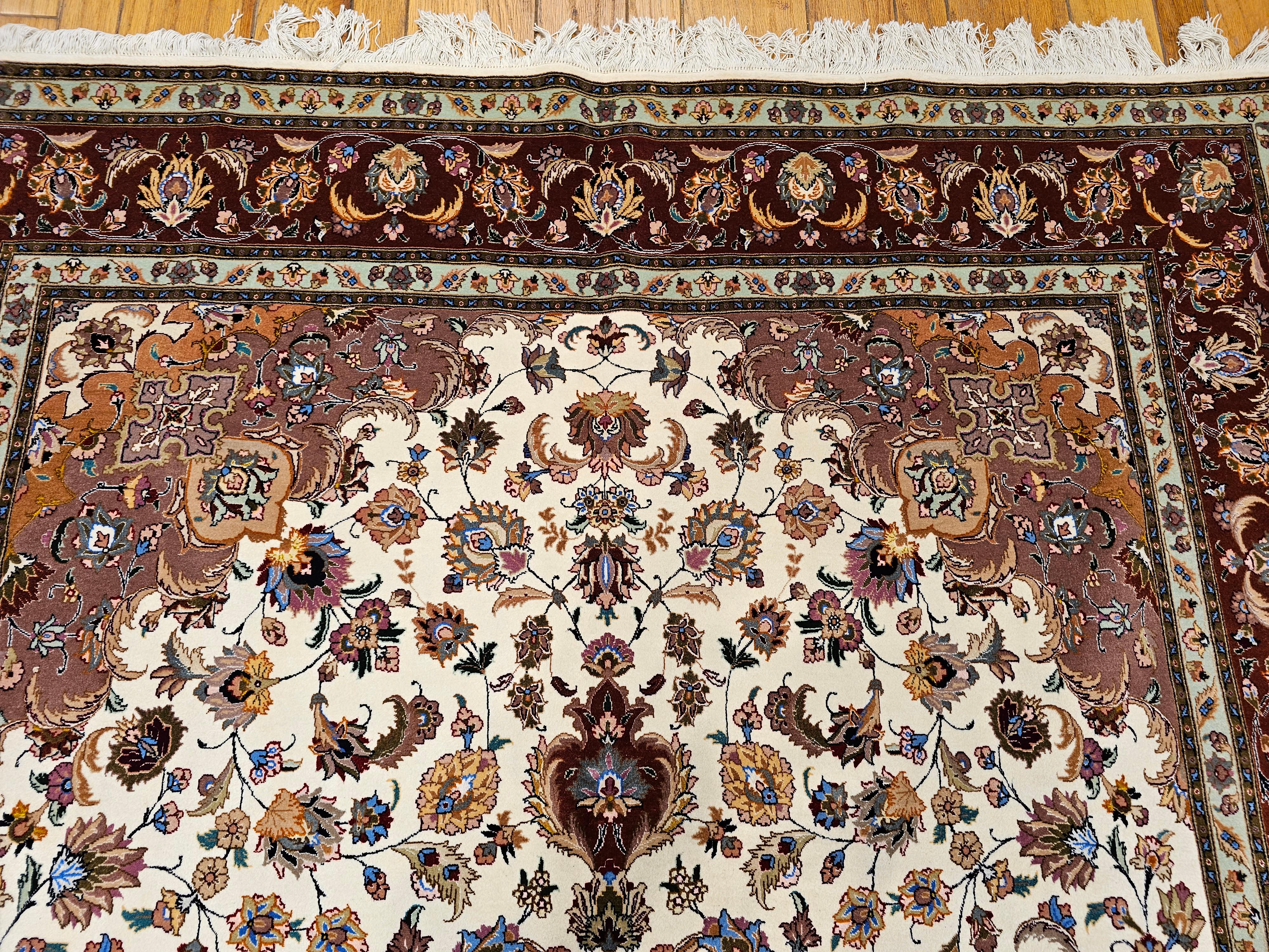 Room Size Persian Tabriz in Medallion Floral Pattern in Ivory, Chocolate, Camel For Sale 5