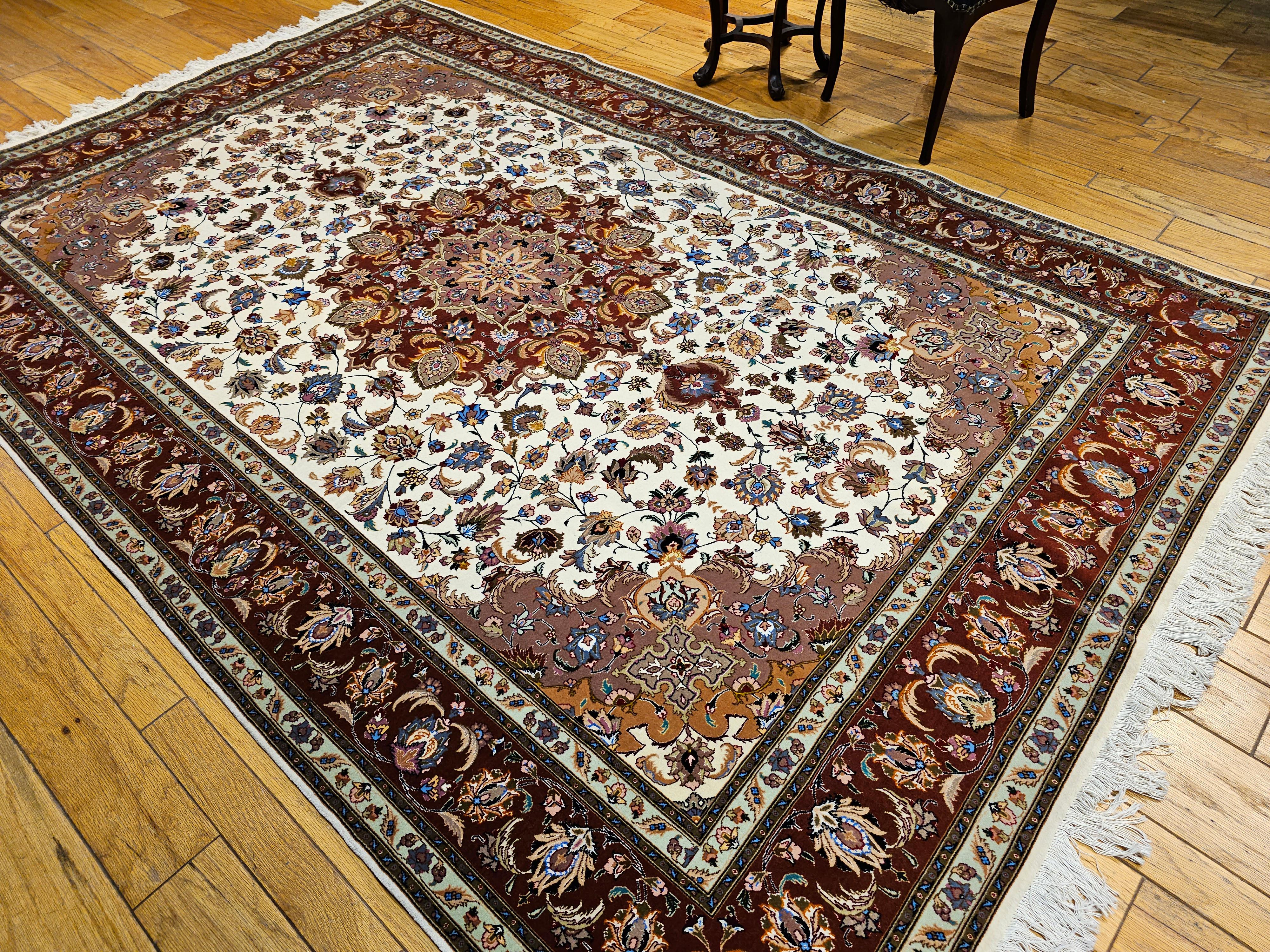Room Size Persian Tabriz in Medallion Floral Pattern in Ivory, Chocolate, Camel For Sale 6