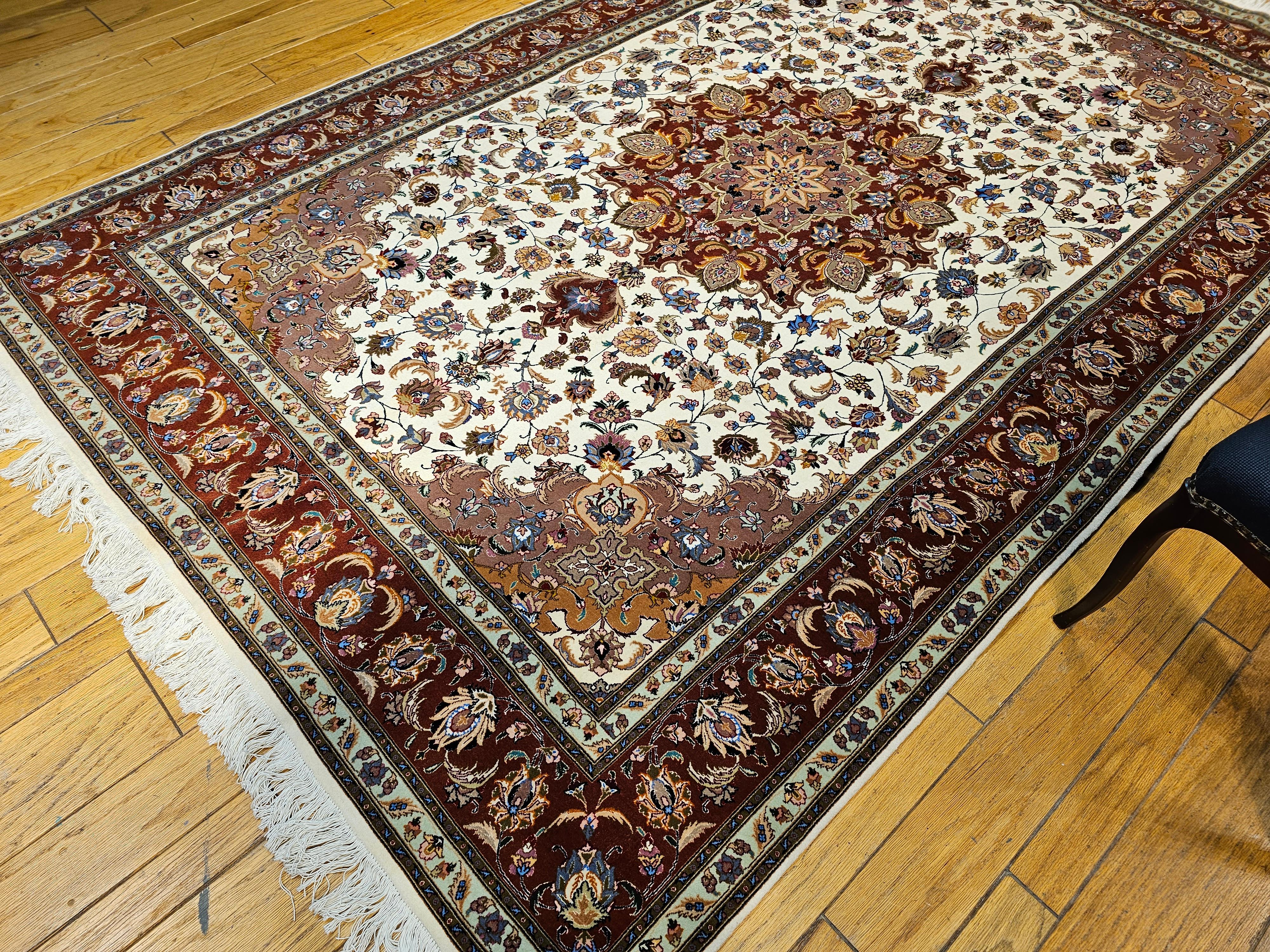 Room Size Persian Tabriz in Medallion Floral Pattern in Ivory, Chocolate, Camel For Sale 7