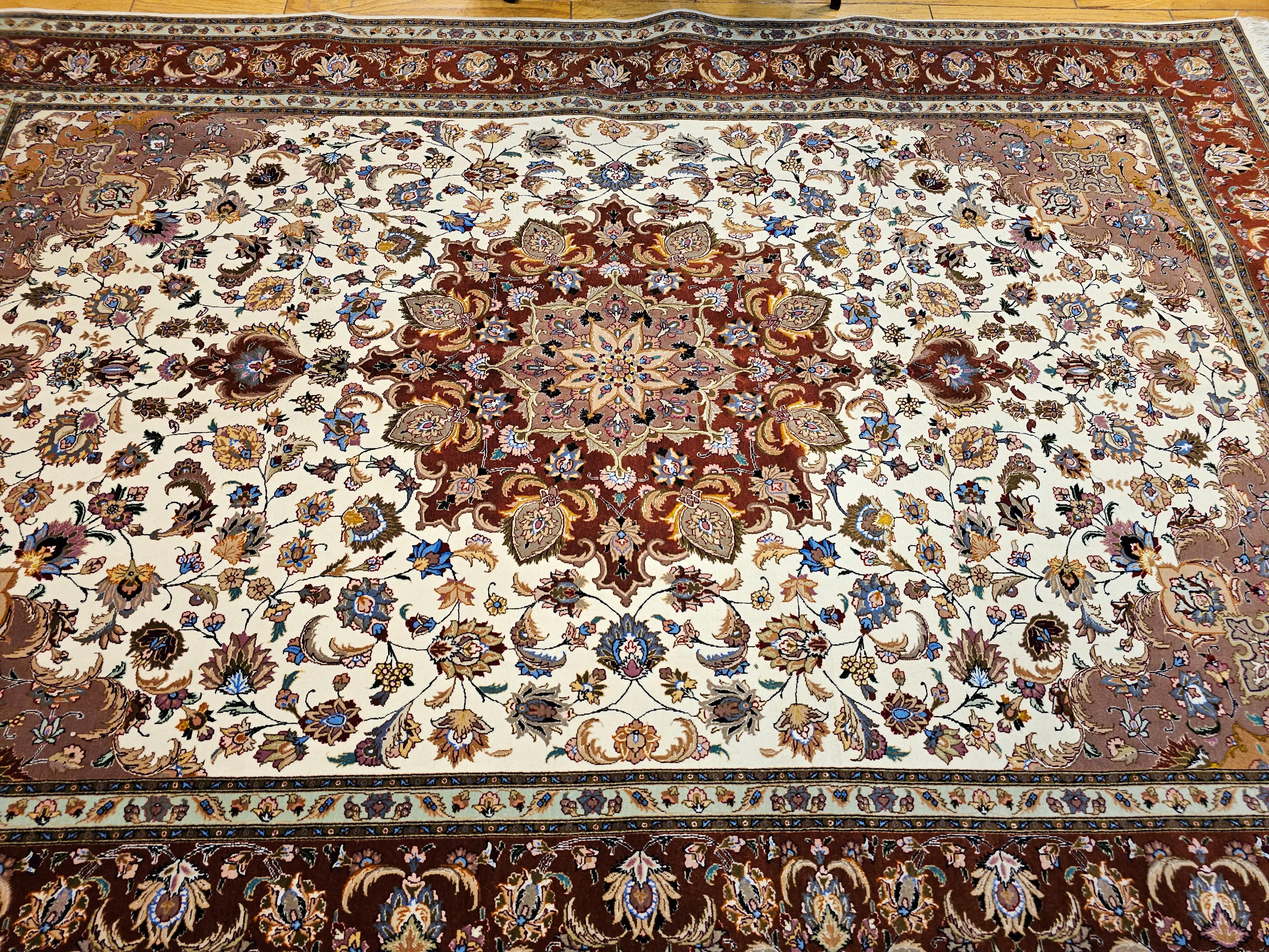 Room Size Persian Tabriz in Medallion Floral Pattern in Ivory, Chocolate, Camel For Sale 8