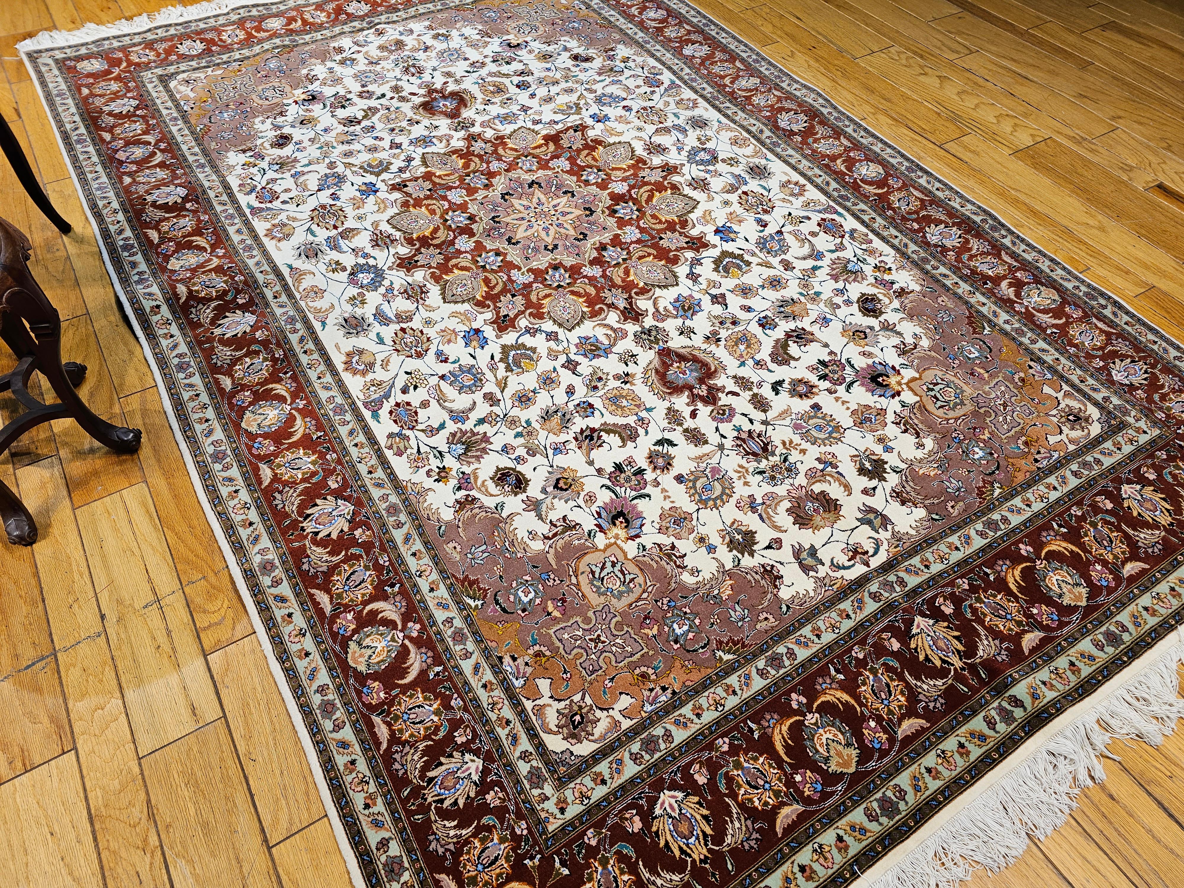 Room Size Persian Tabriz in Medallion Floral Pattern in Ivory, Chocolate, Camel For Sale 9