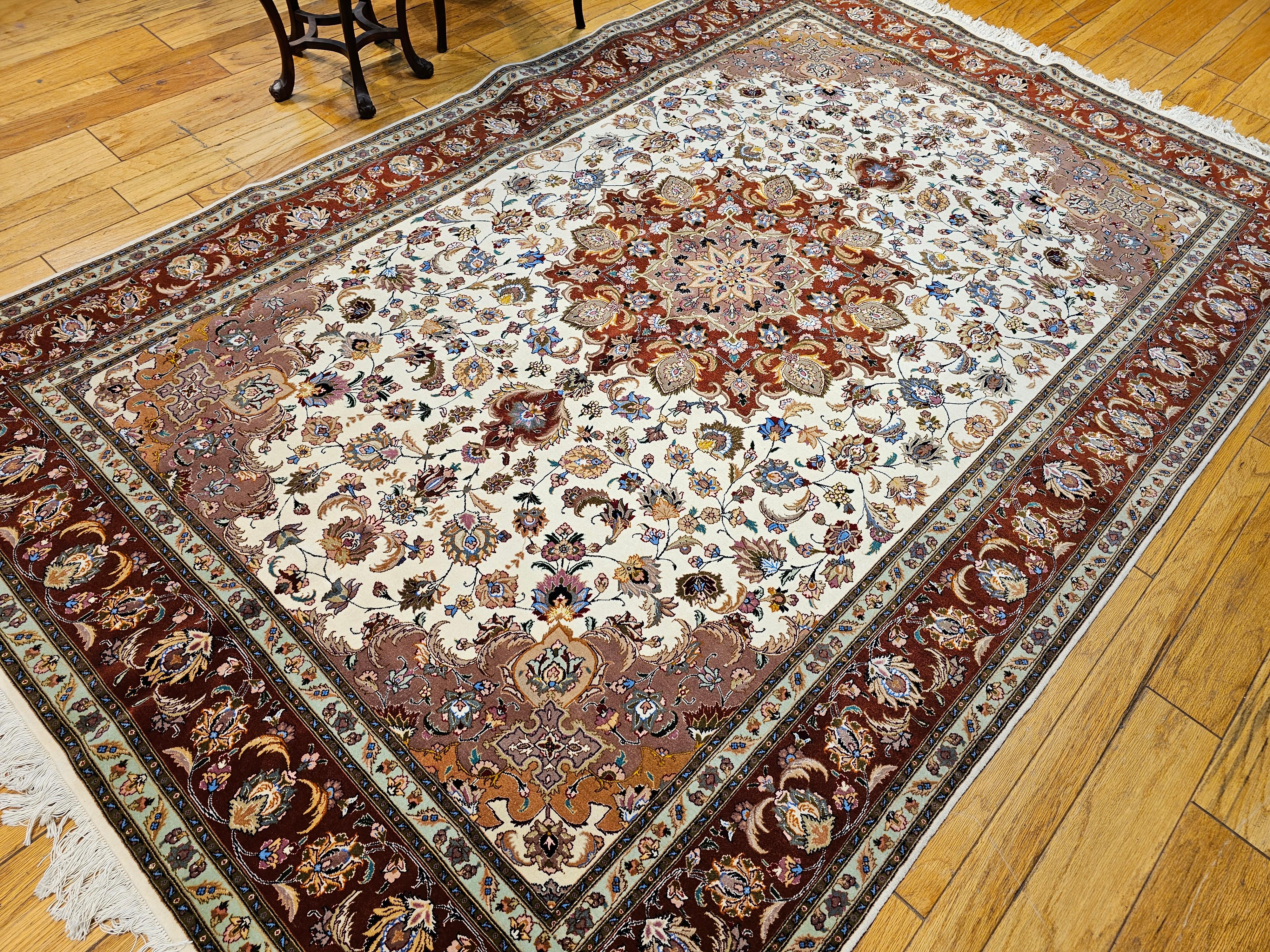 Room Size Persian Tabriz in Medallion Floral Pattern in Ivory, Chocolate, Camel For Sale 10