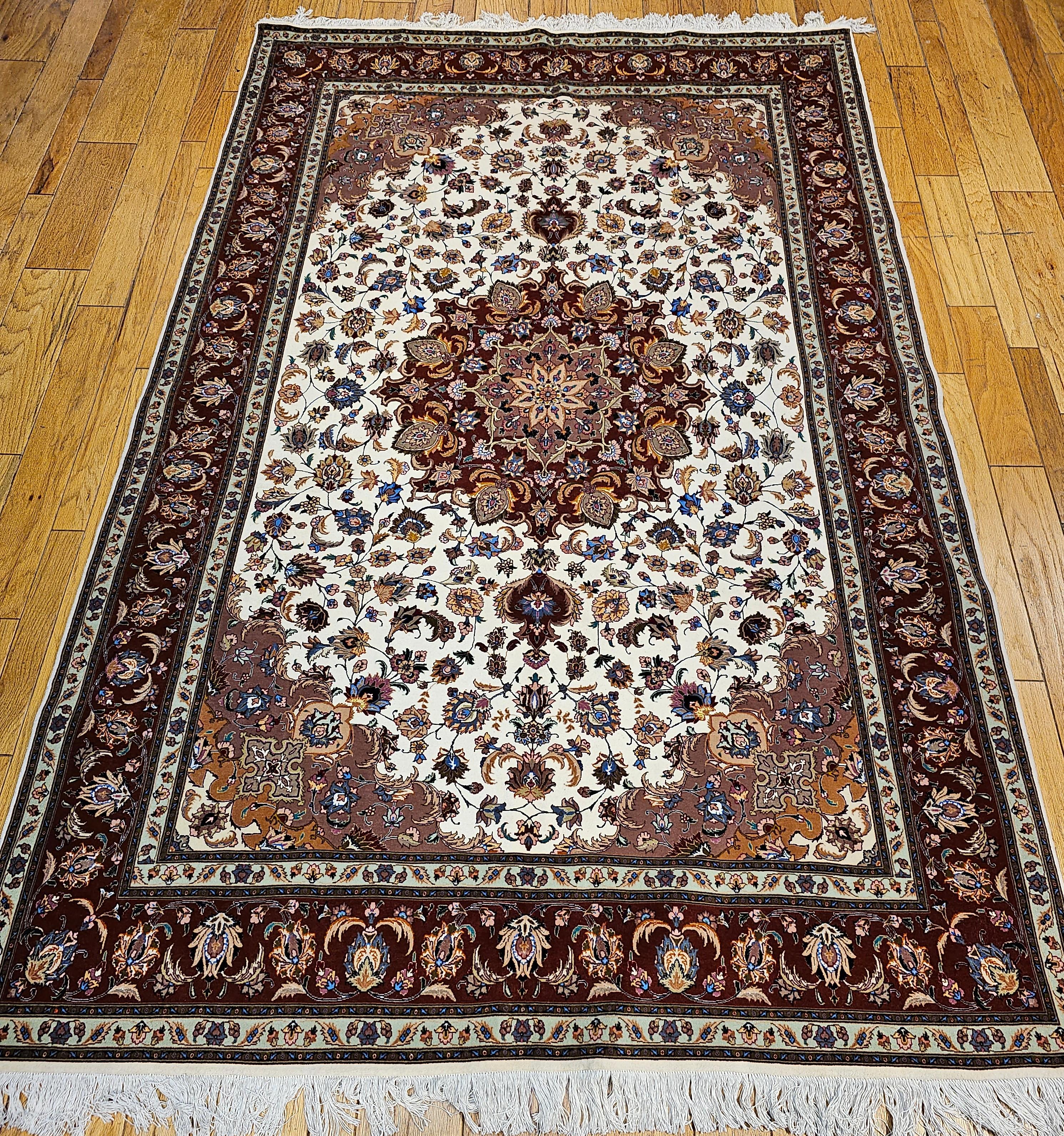 Room Size Persian Tabriz in Medallion Floral Pattern in Ivory, Chocolate, Camel For Sale 11