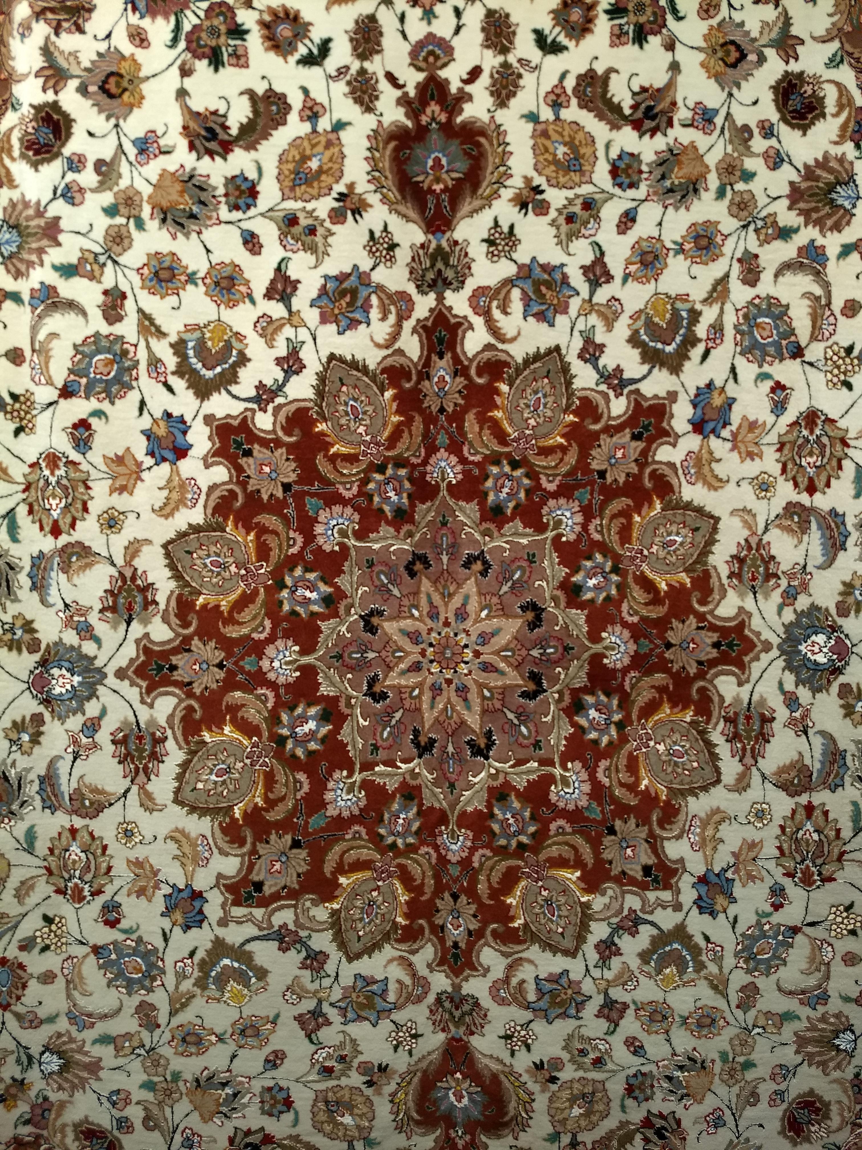 Hand-Knotted Room Size Persian Tabriz in Medallion Floral Pattern in Ivory, Chocolate, Camel For Sale