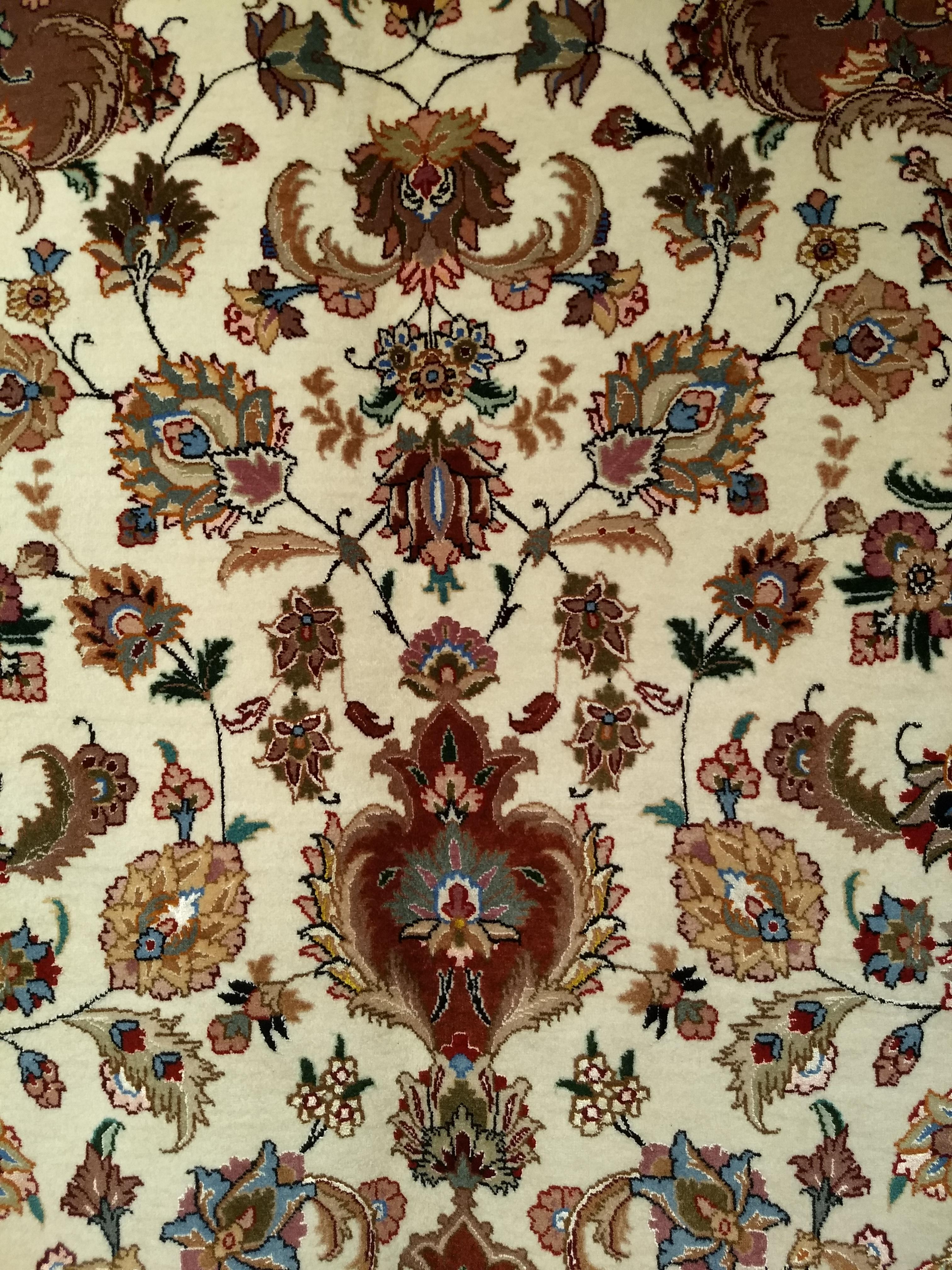 Room Size Persian Tabriz in Medallion Floral Pattern in Ivory, Chocolate, Camel In Excellent Condition For Sale In Barrington, IL