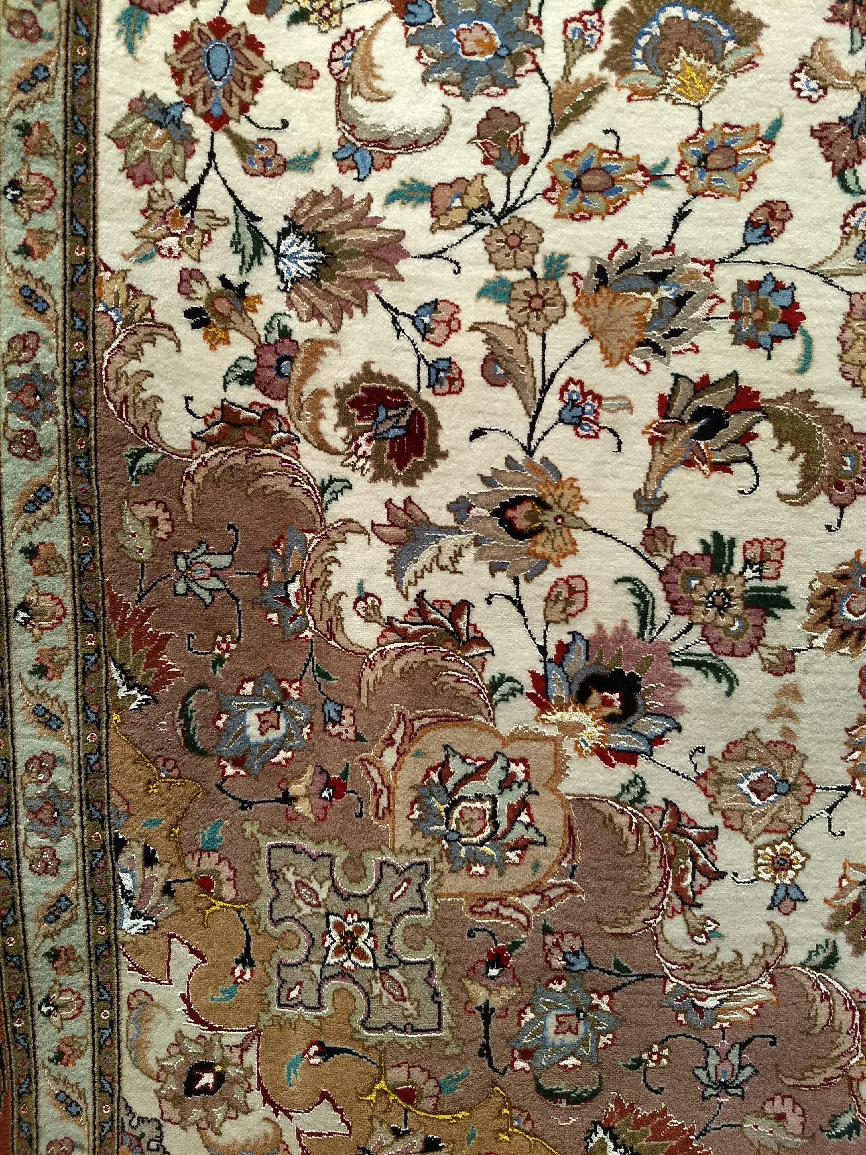 20th Century Room Size Persian Tabriz in Medallion Floral Pattern in Ivory, Chocolate, Camel For Sale