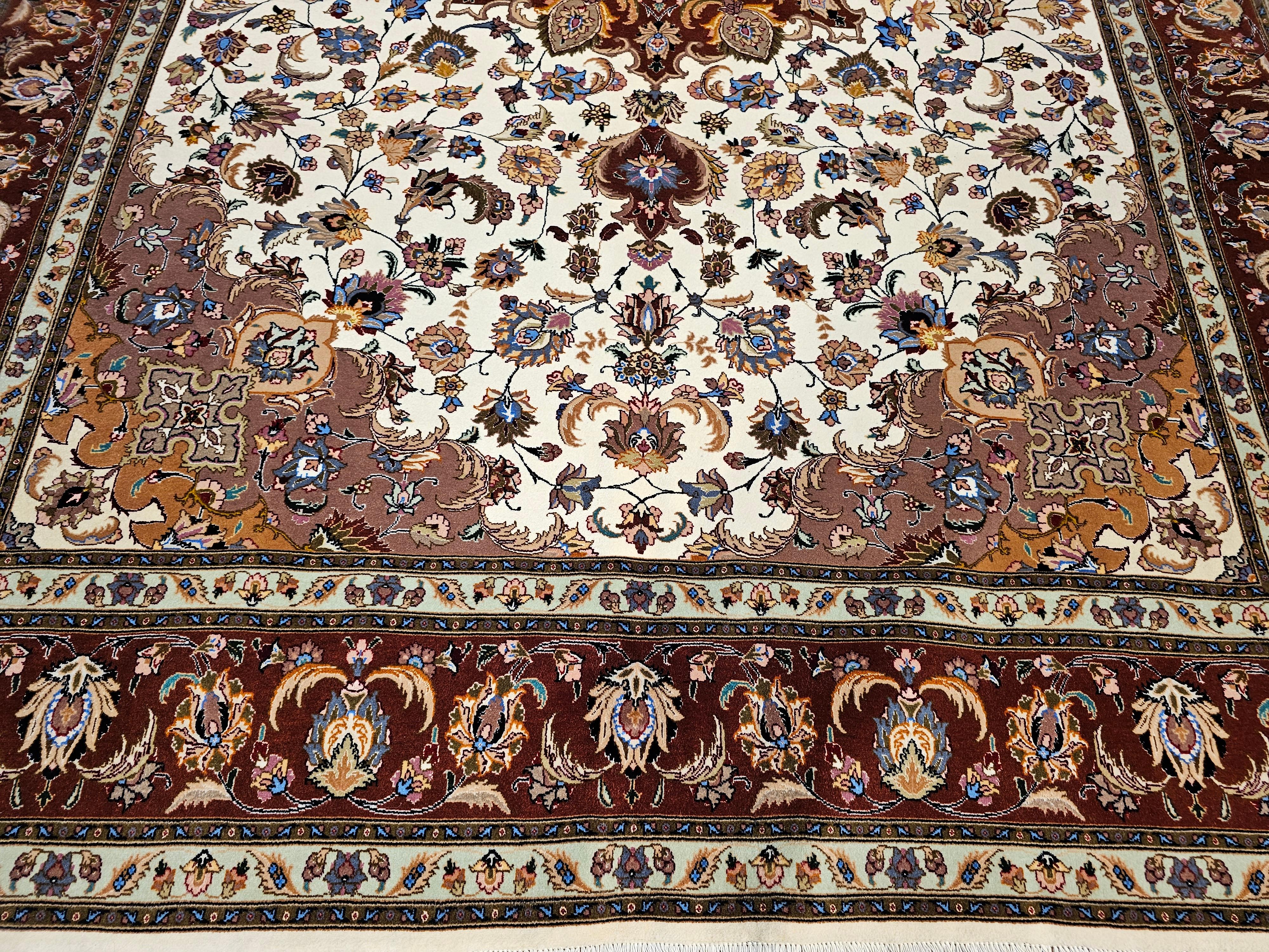 Room Size Persian Tabriz in Medallion Floral Pattern in Ivory, Chocolate, Camel For Sale 3