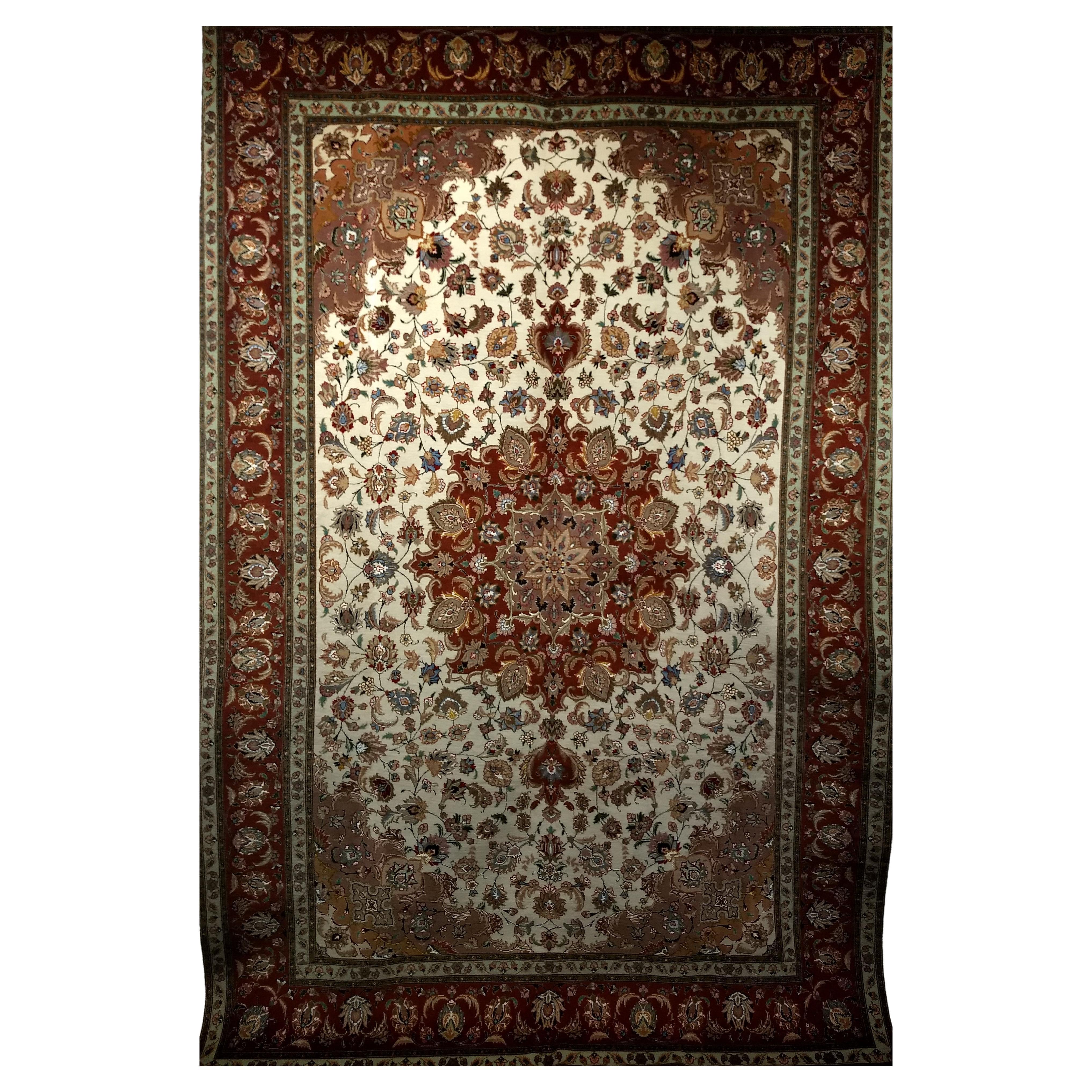 Room Size Persian Tabriz in Medallion Floral Pattern in Ivory, Chocolate, Camel For Sale