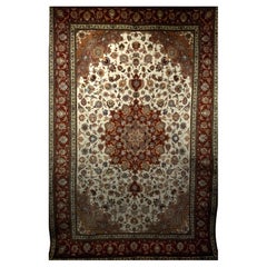 Vintage Room Size Persian Tabriz in Medallion Floral Pattern in Ivory, Chocolate, Camel