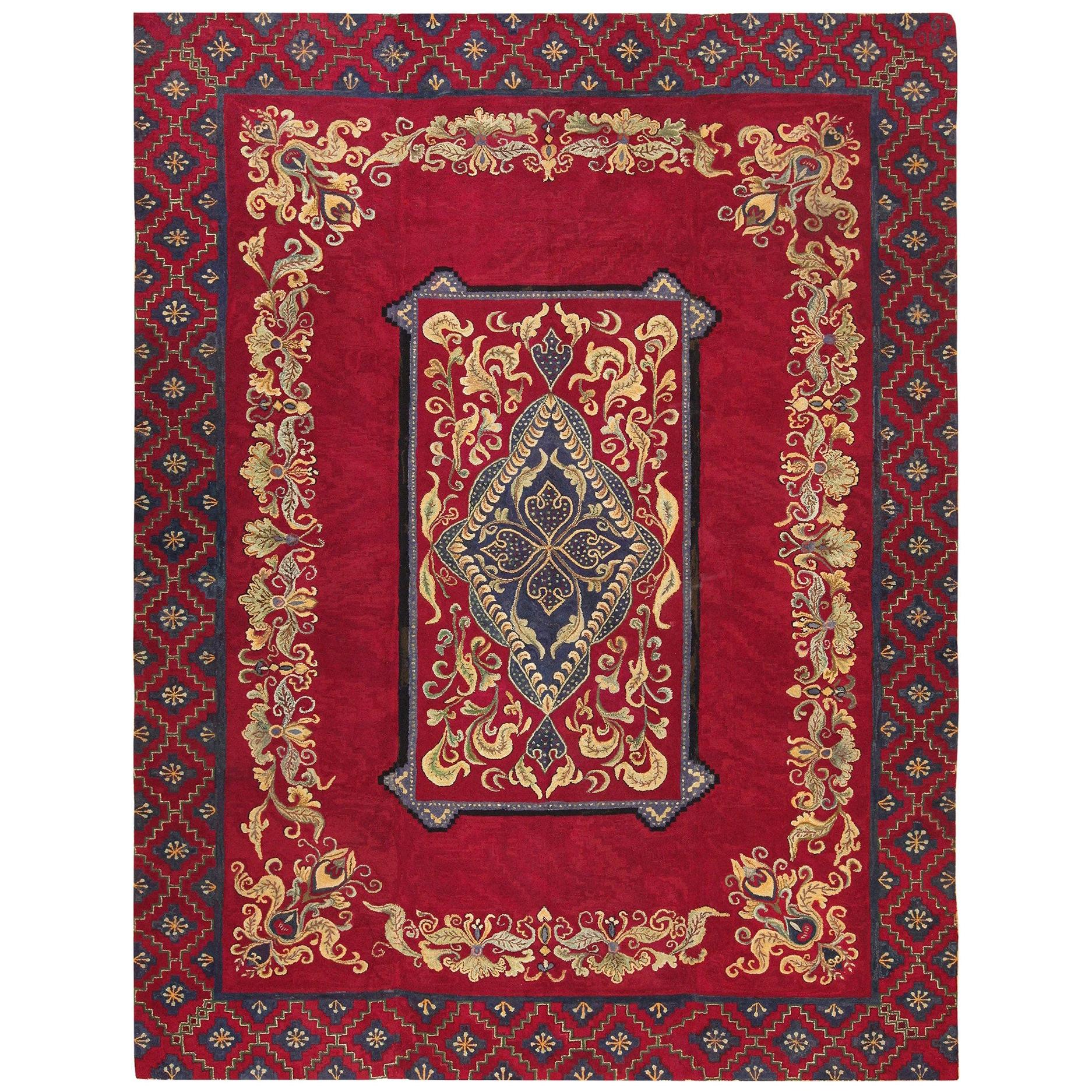 Room Size Red Antique American Hooked Rug. Size: 9 ft x 12 ft 3 in