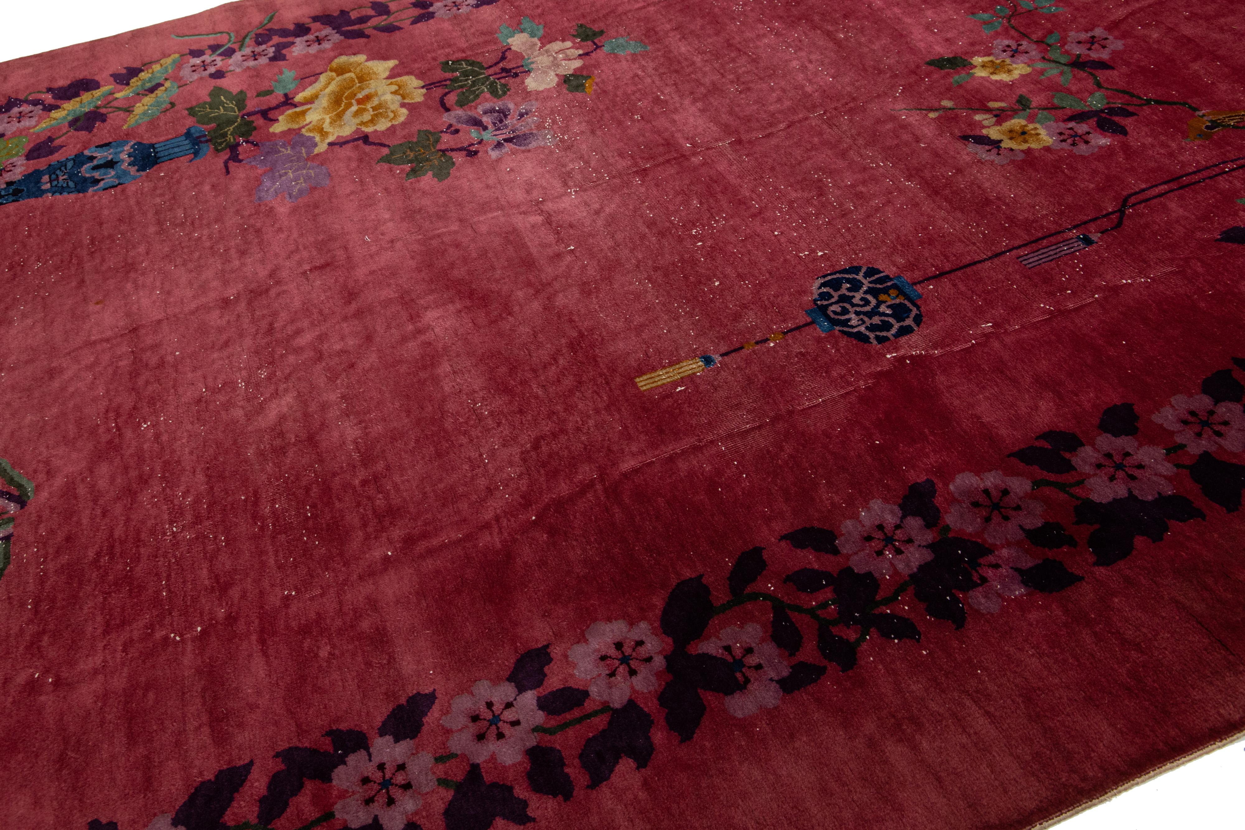 Room Size Red Art Deco Chinese Designed Wool Rug From the 1920s In Excellent Condition For Sale In Norwalk, CT