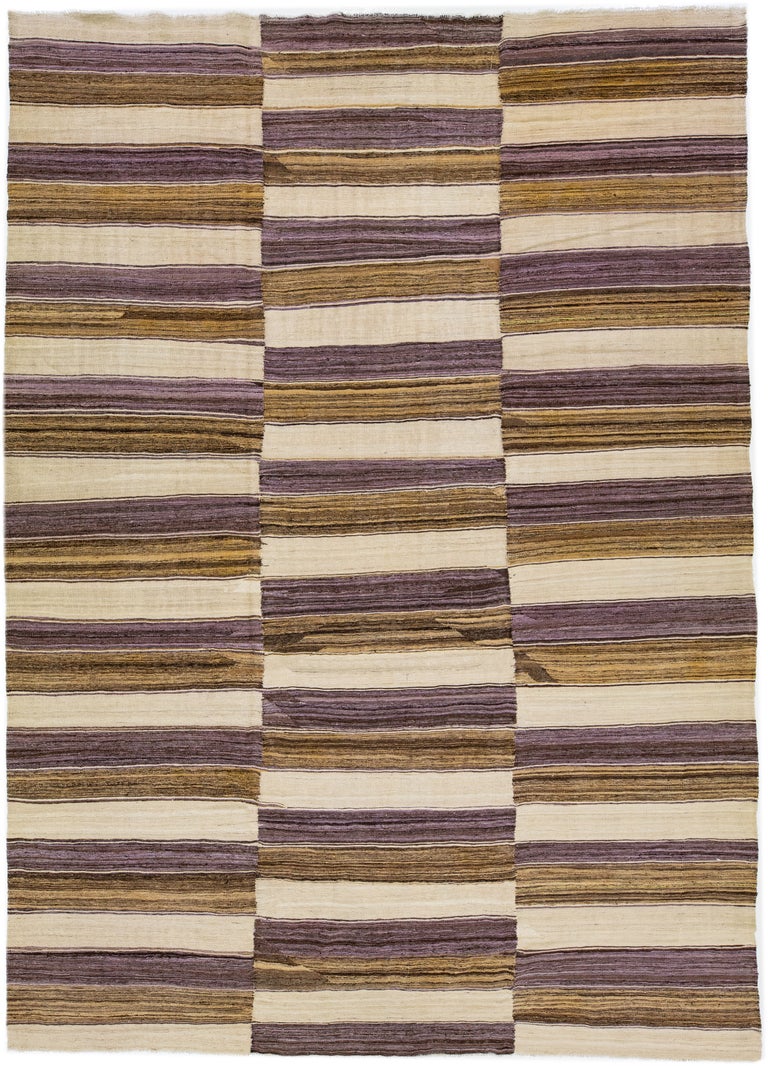 Room Size Striped Flatweave Kilim Wool Rug In Beige For Sale at 1stDibs