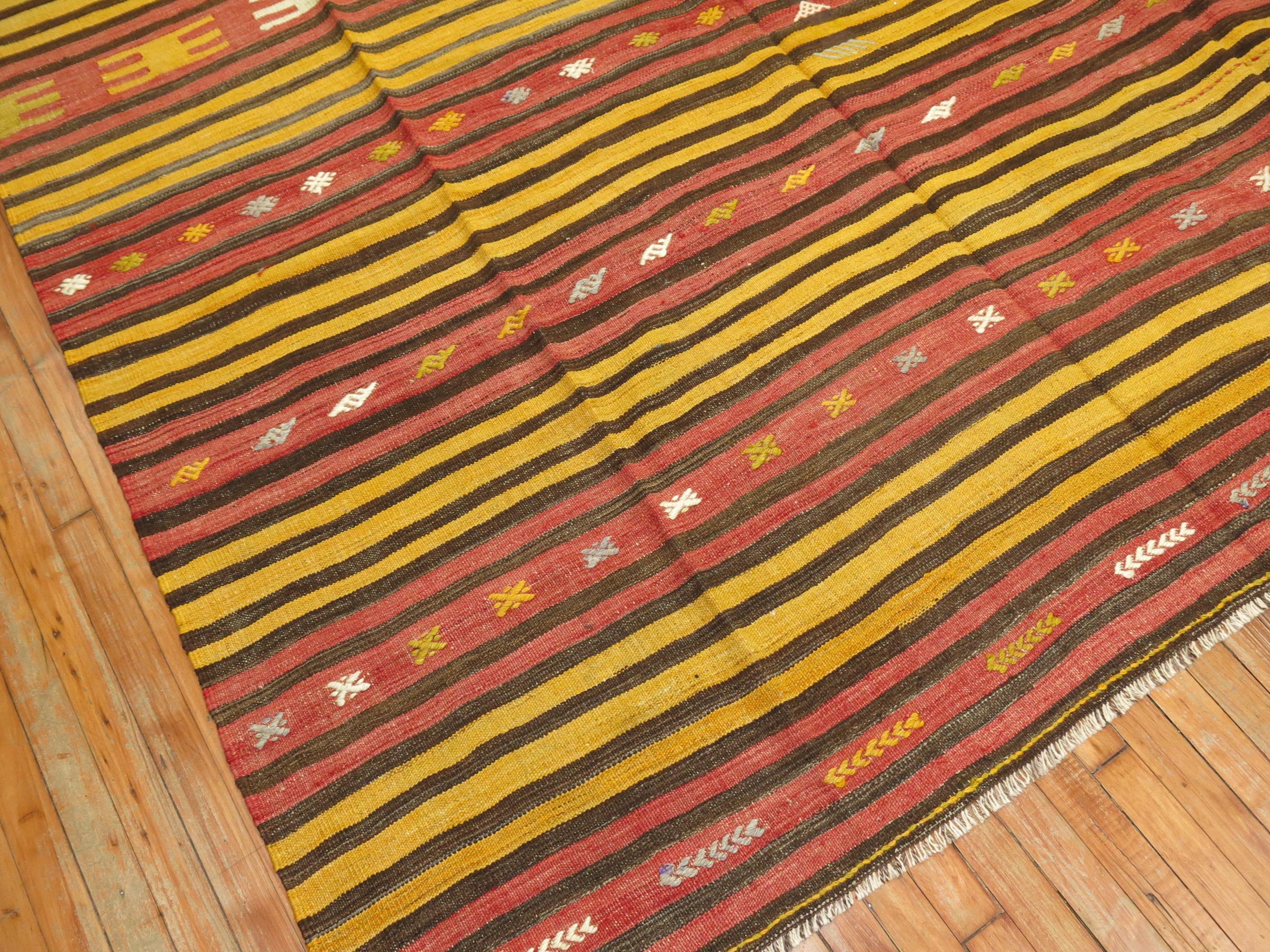 Hand-Woven Room Size Striped Turkish Kilim For Sale