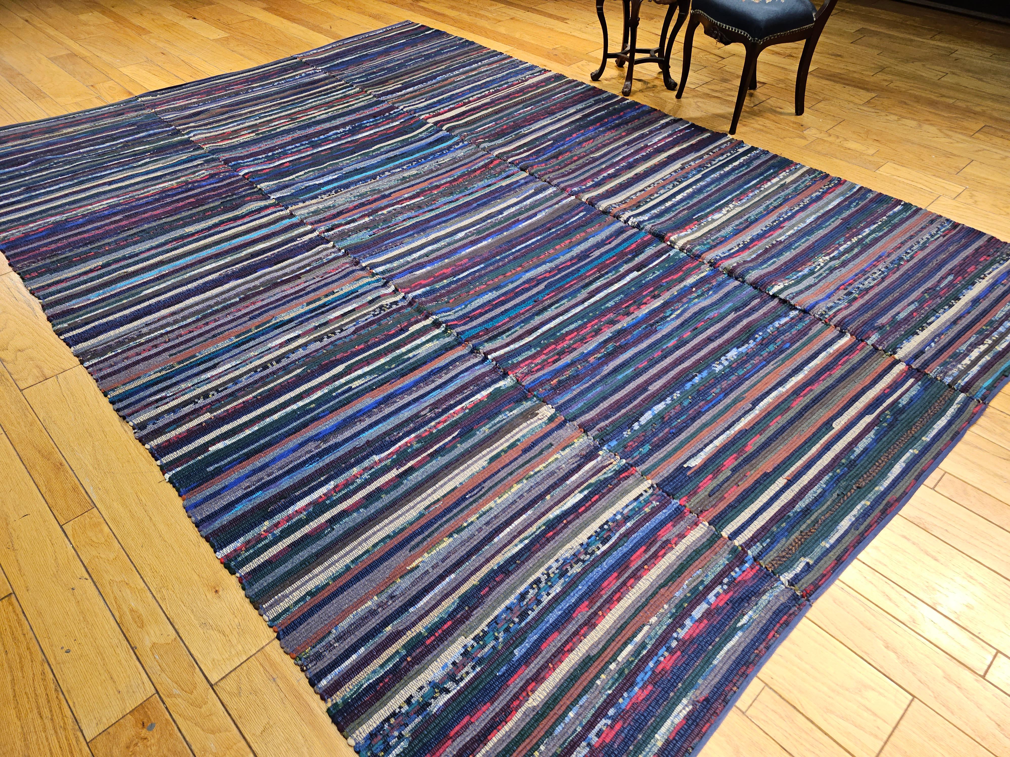 Wool Room Size Vintage American Rag Rug in Stripe Pattern in Blue, Red, Green, Ivory For Sale