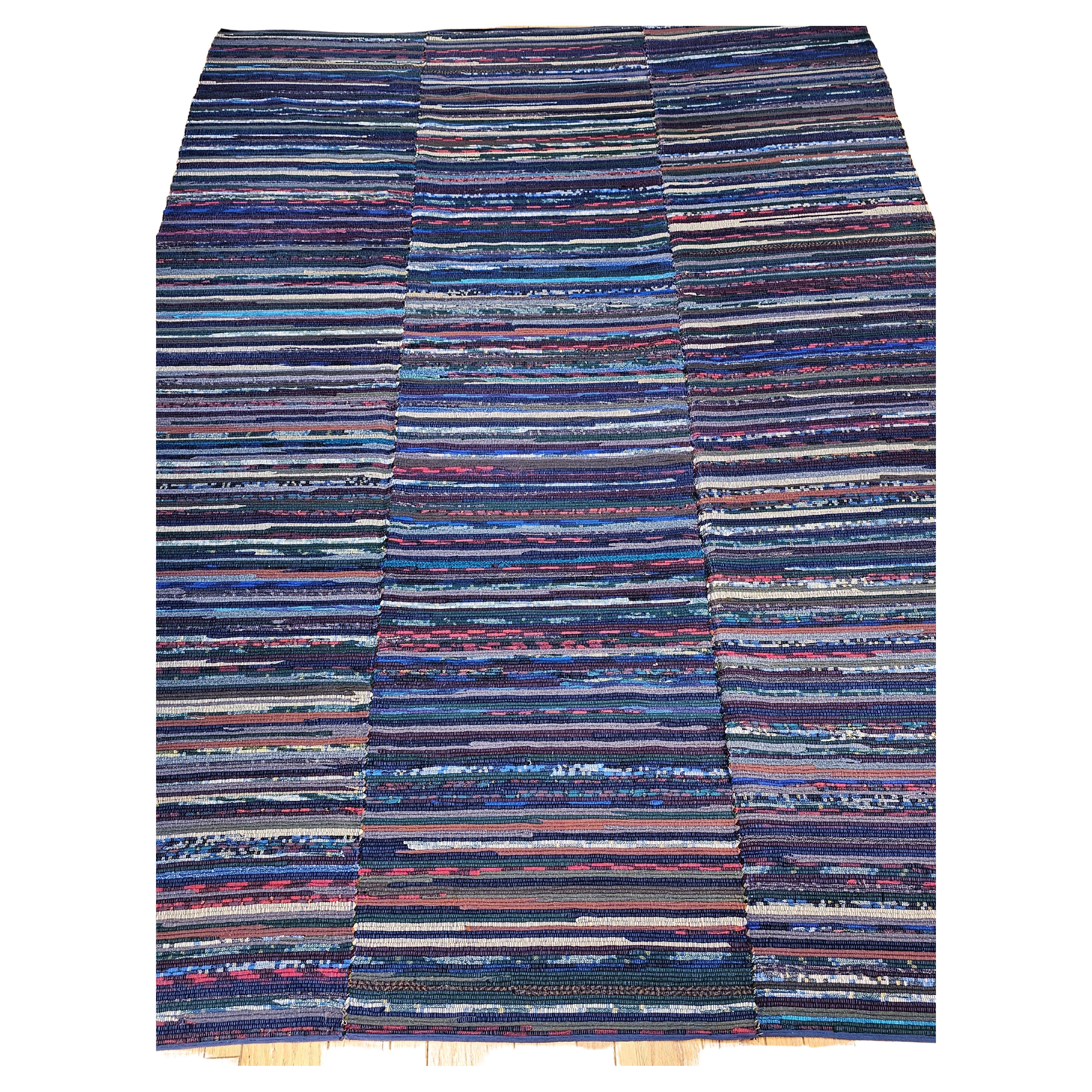 Room Size Vintage American Rag Rug in Stripe Pattern in Blue, Red, Green, Ivory