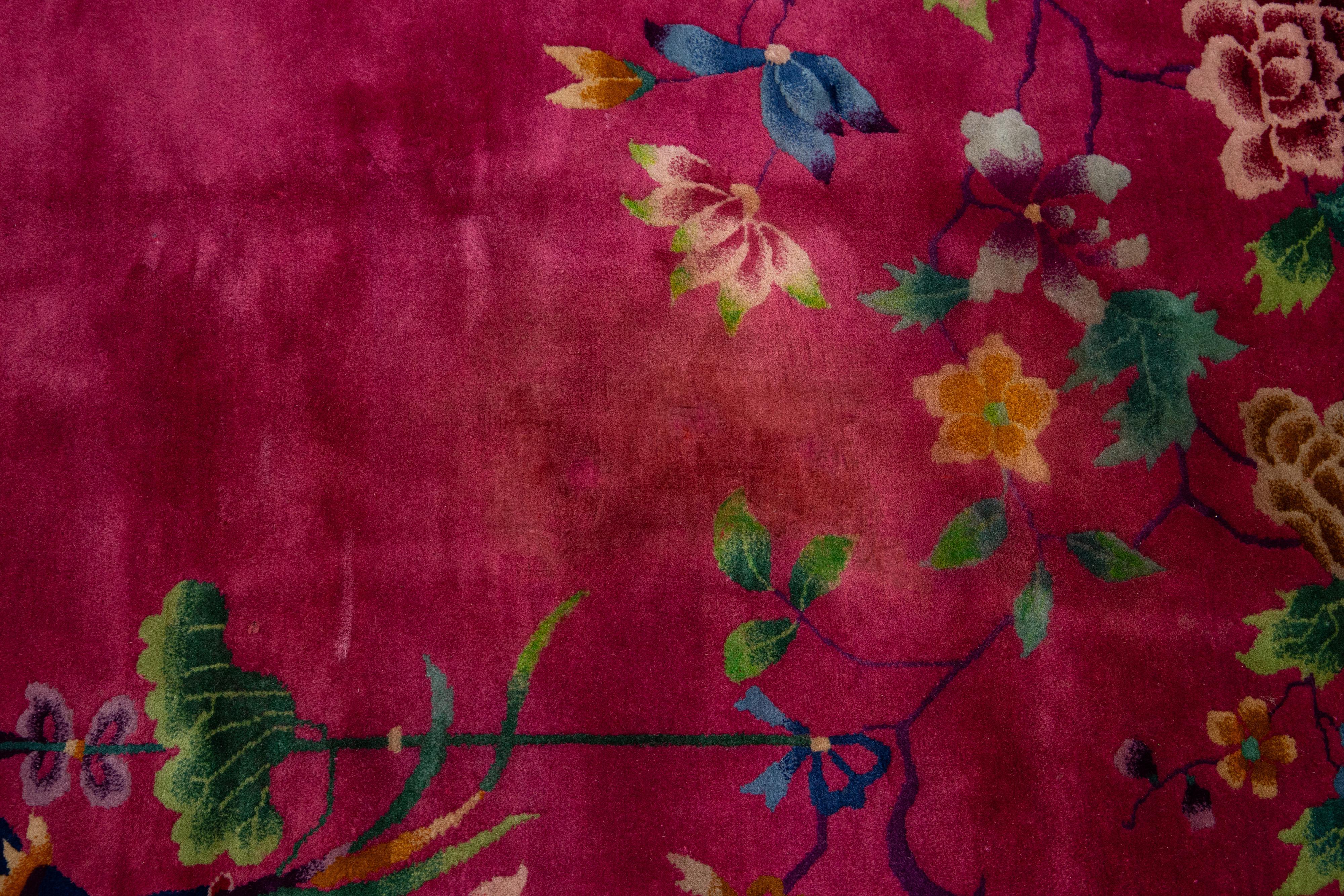 Vintage Art Deco-Wollteppich in Zimmergröße, handgefertigt mit chinesischem Blumenmotiv, Vintage im Angebot 3