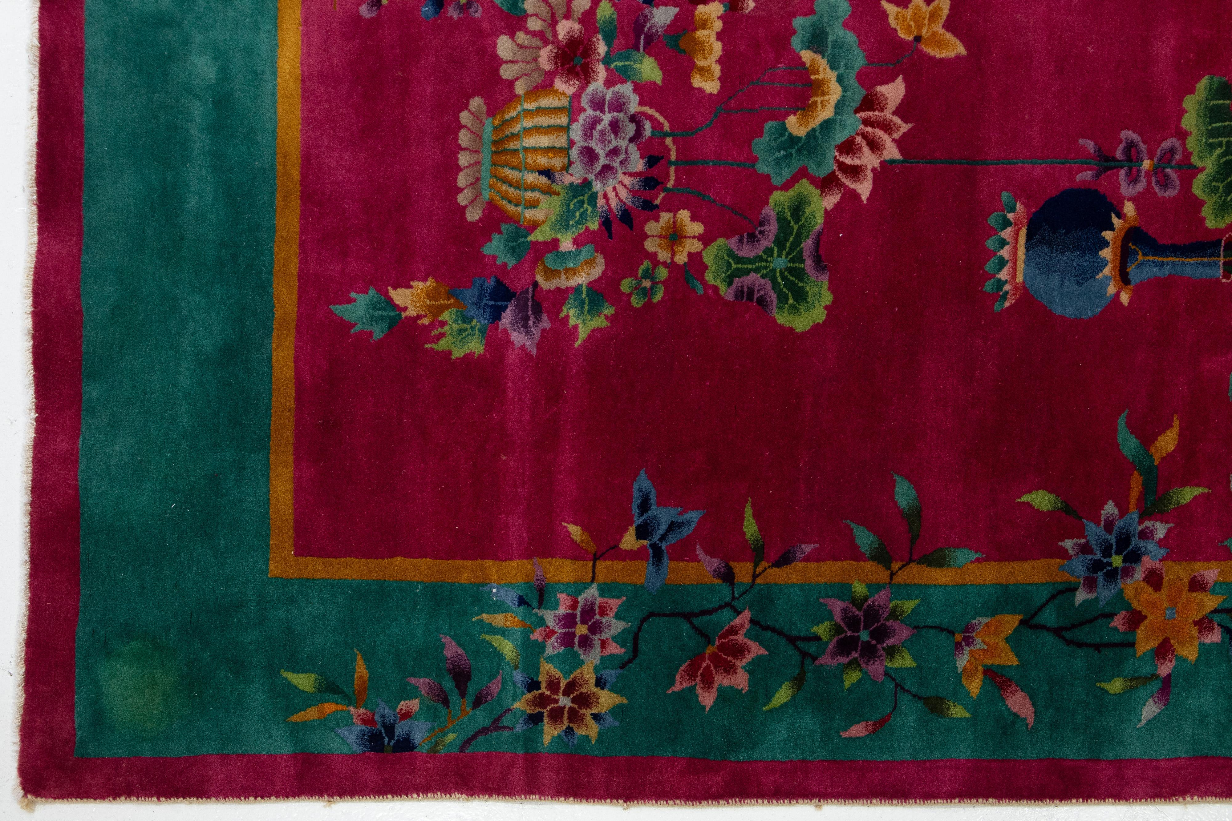 Vintage Art Deco-Wollteppich in Zimmergröße, handgefertigt mit chinesischem Blumenmotiv, Vintage (20. Jahrhundert) im Angebot