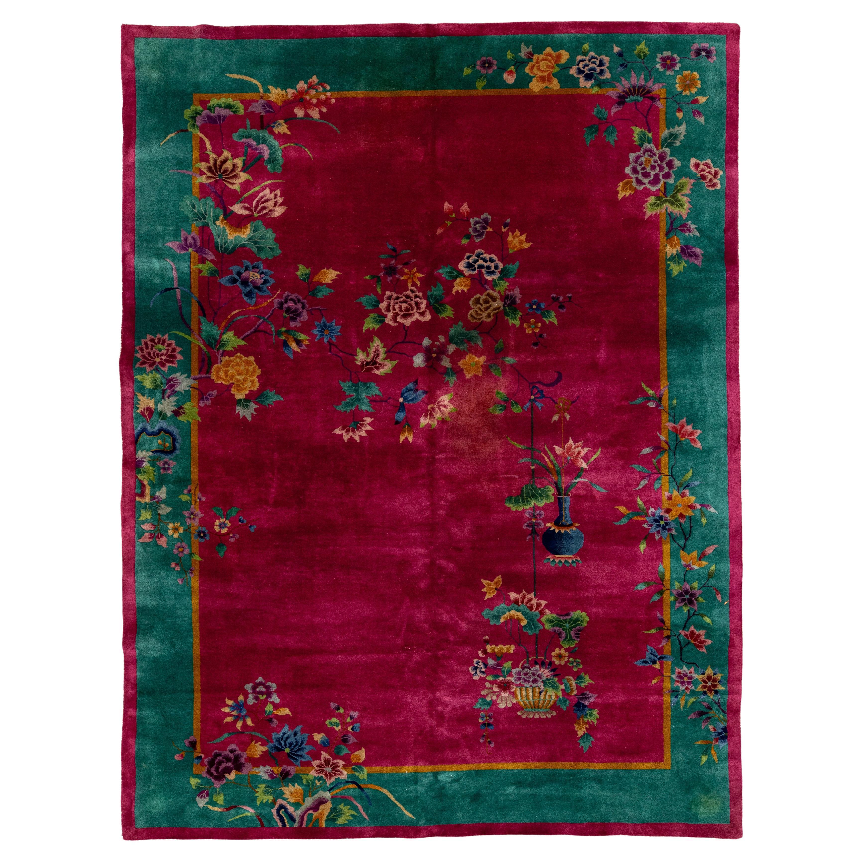 Room Size Vintage Art Deco Wool Rug Handmade with Chinese Floral Motif