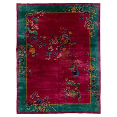 Room Size Vintage Art Deco Wool Rug Handmade with Chinese Floral Motif