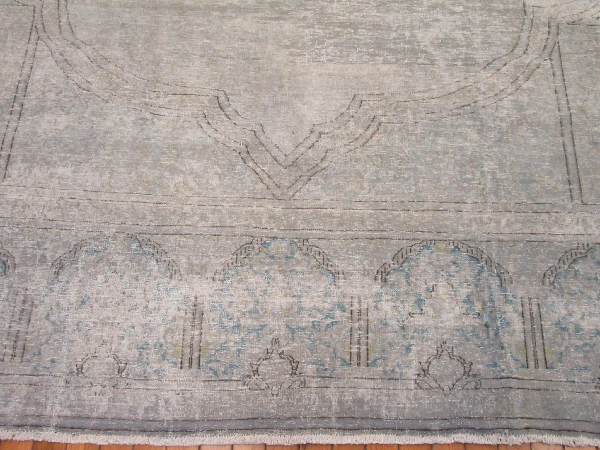 Hand-Knotted Room Size Vintage distressed Hand Knotted Wool Blue Gray Persian Kirman Rug For Sale