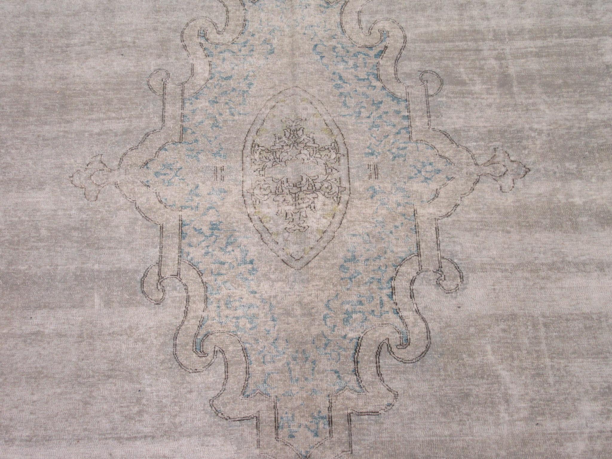 20th Century Room Size Vintage distressed Hand Knotted Wool Blue Gray Persian Kirman Rug For Sale