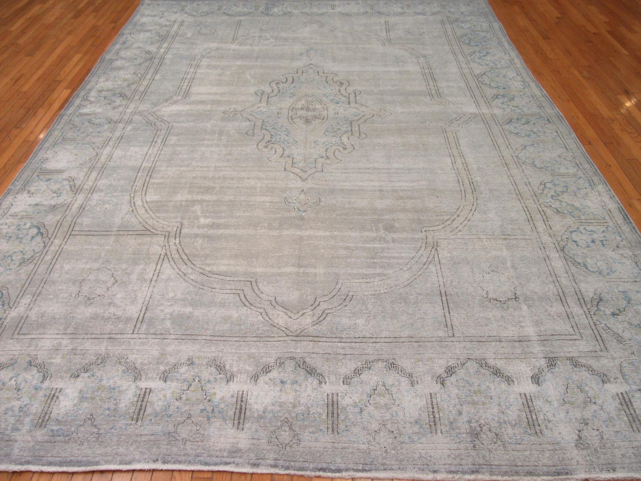 Room Size Vintage distressed Hand Knotted Wool Blue Gray Persian Kirman Rug For Sale 1