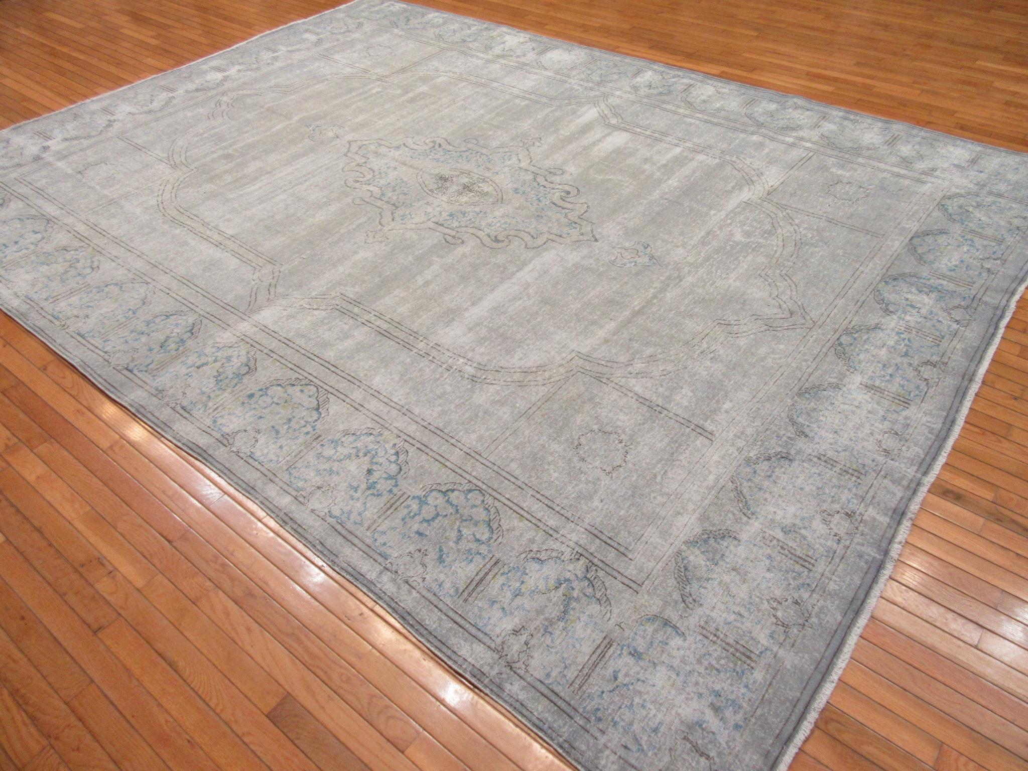 Room Size Vintage distressed Hand Knotted Wool Blue Gray Persian Kirman Rug For Sale 2