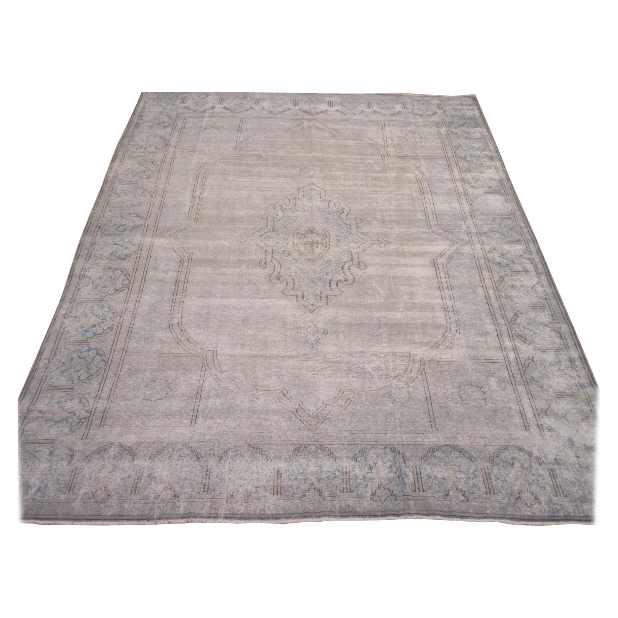 Room Size Vintage distressed Hand Knotted Wool Blue Gray Persian Kirman Rug For Sale