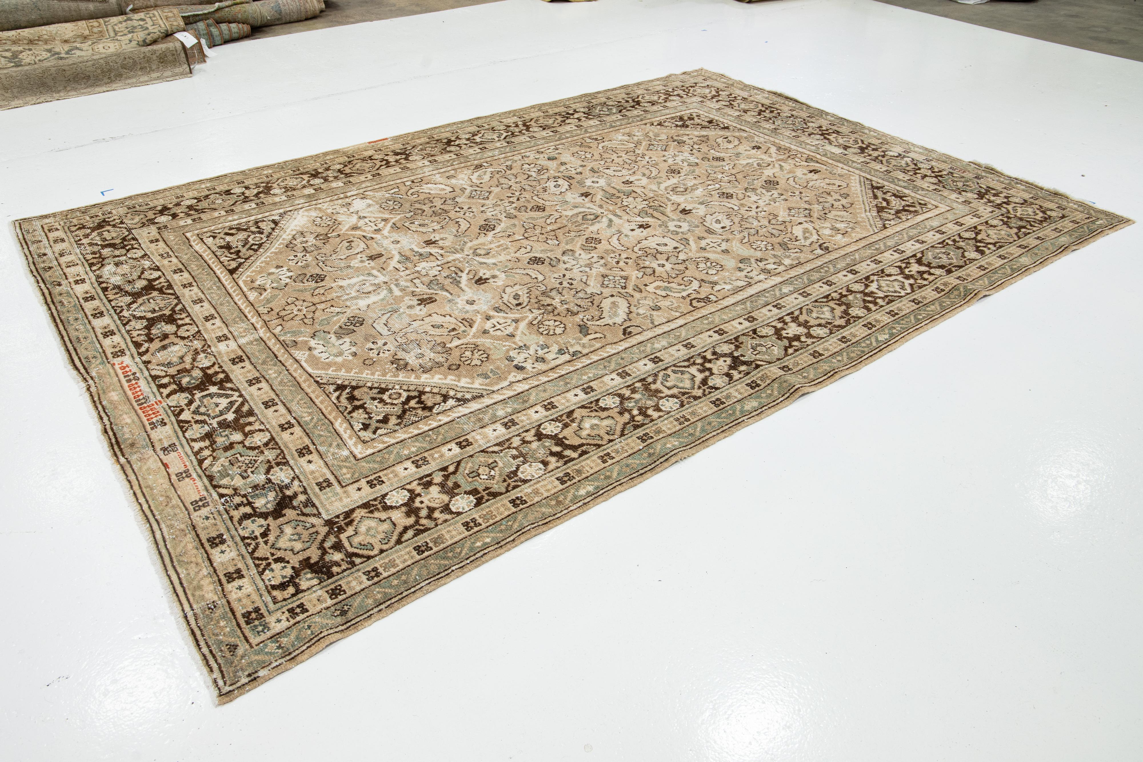 Hand-Knotted Room Size Vintage Mahal Wool Rug Allover Handmade In Beige  For Sale