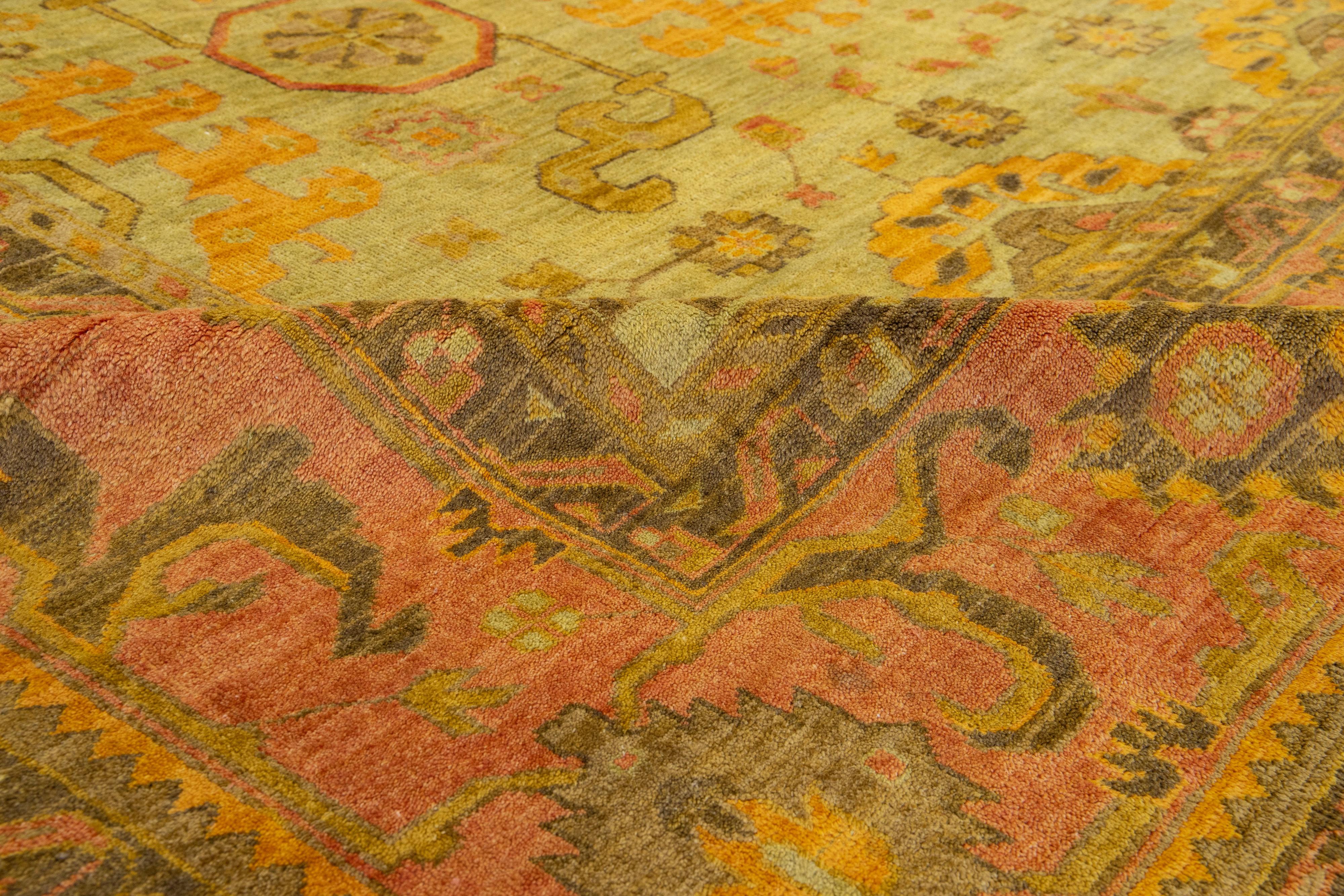 Room Size Vintage Turkish Oushak Designed Wool Rug Handmade In Green For Sale 5