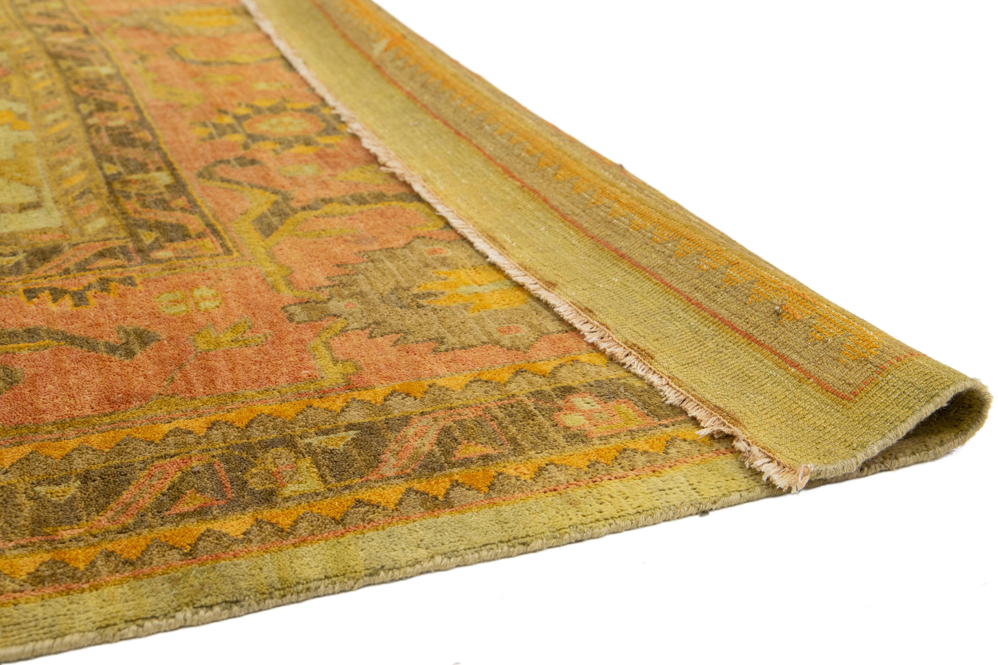 Hand-Knotted Room Size Vintage Turkish Oushak Designed Wool Rug Handmade In Green For Sale