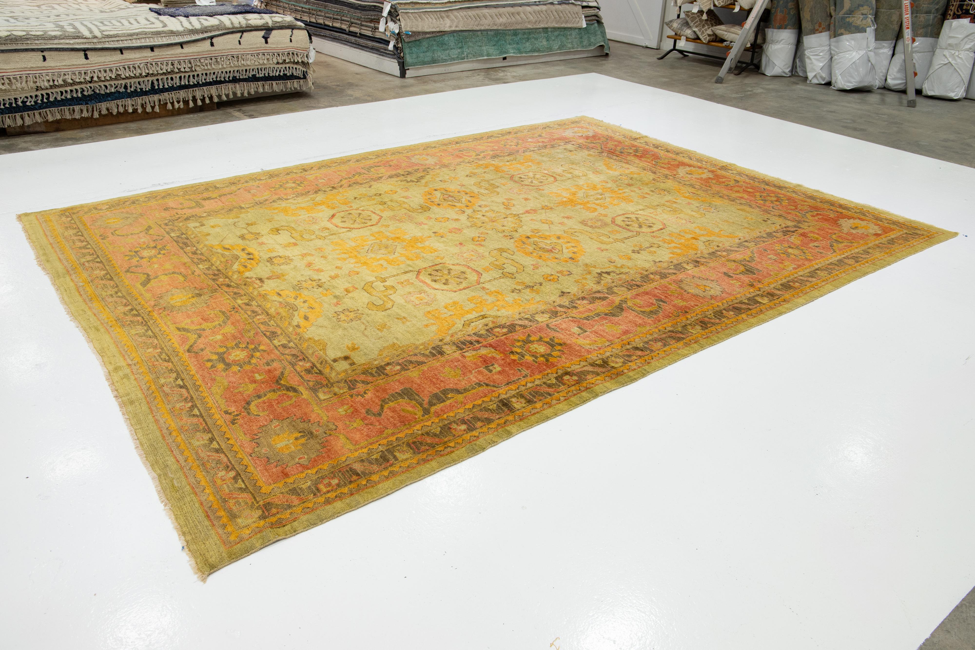 Room Size Vintage Turkish Oushak Designed Wool Rug Handmade In Green In Excellent Condition For Sale In Norwalk, CT
