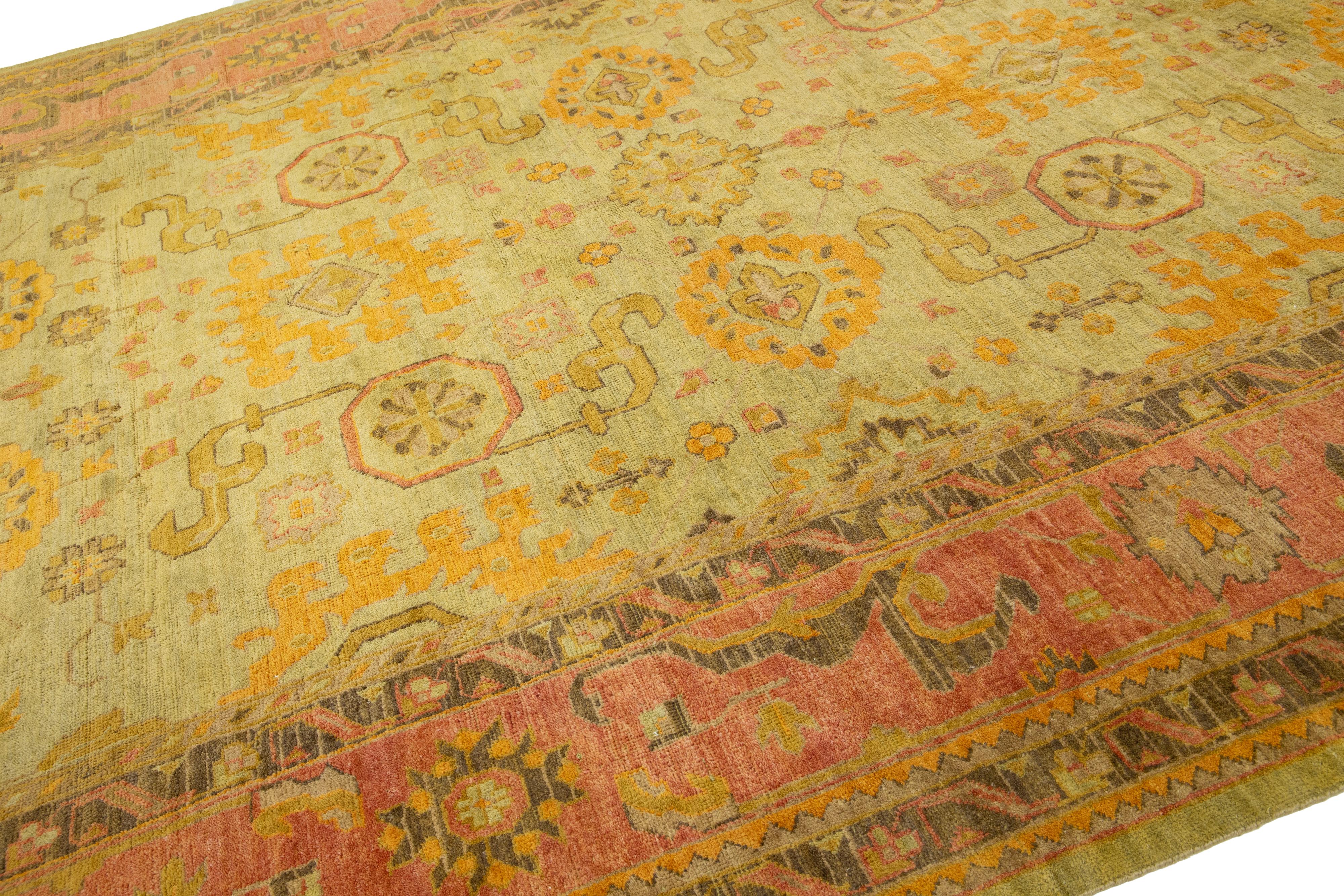 Late 20th Century Room Size Vintage Turkish Oushak Designed Wool Rug Handmade In Green For Sale