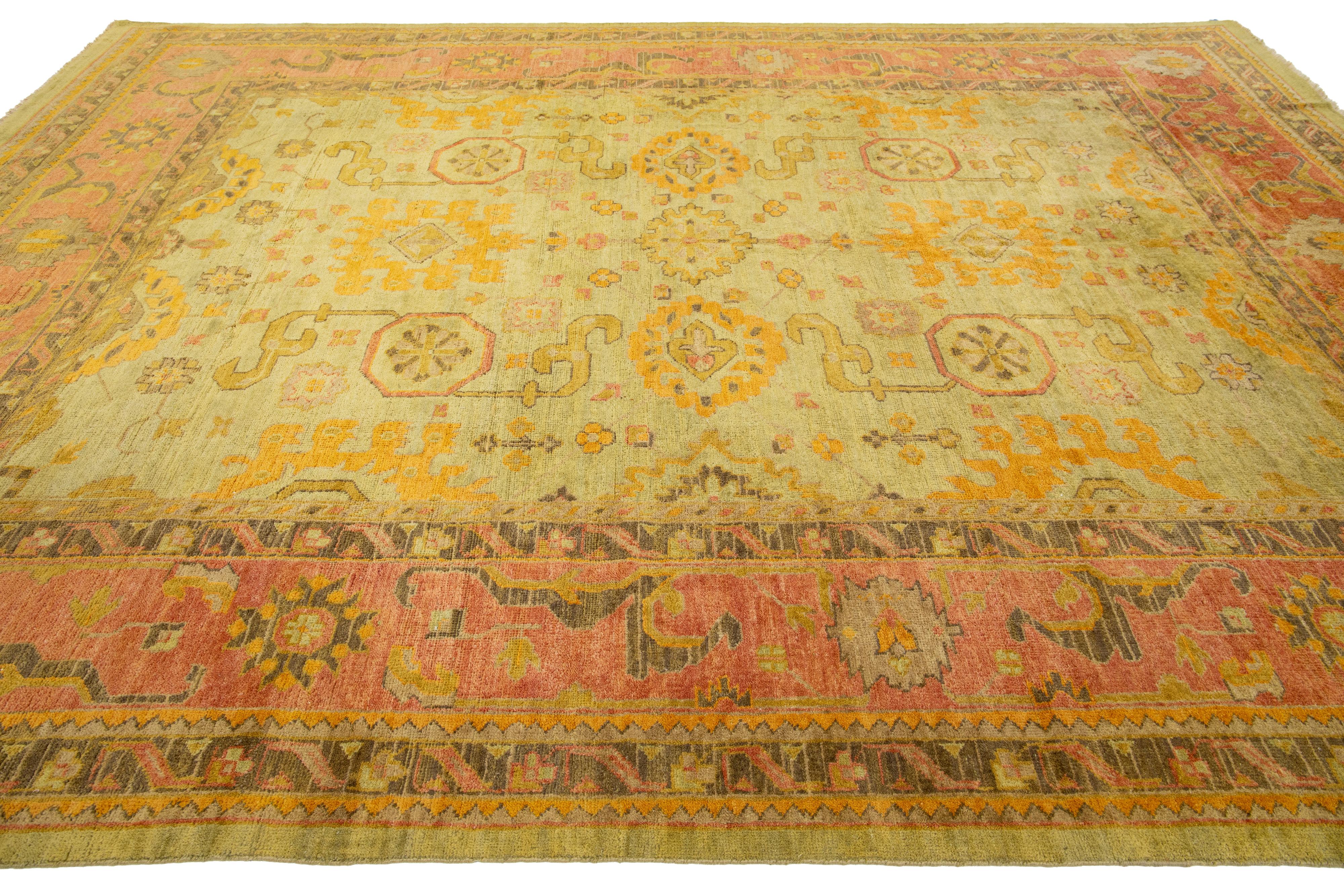 Room Size Vintage Turkish Oushak Designed Wool Rug Handmade In Green For Sale 1