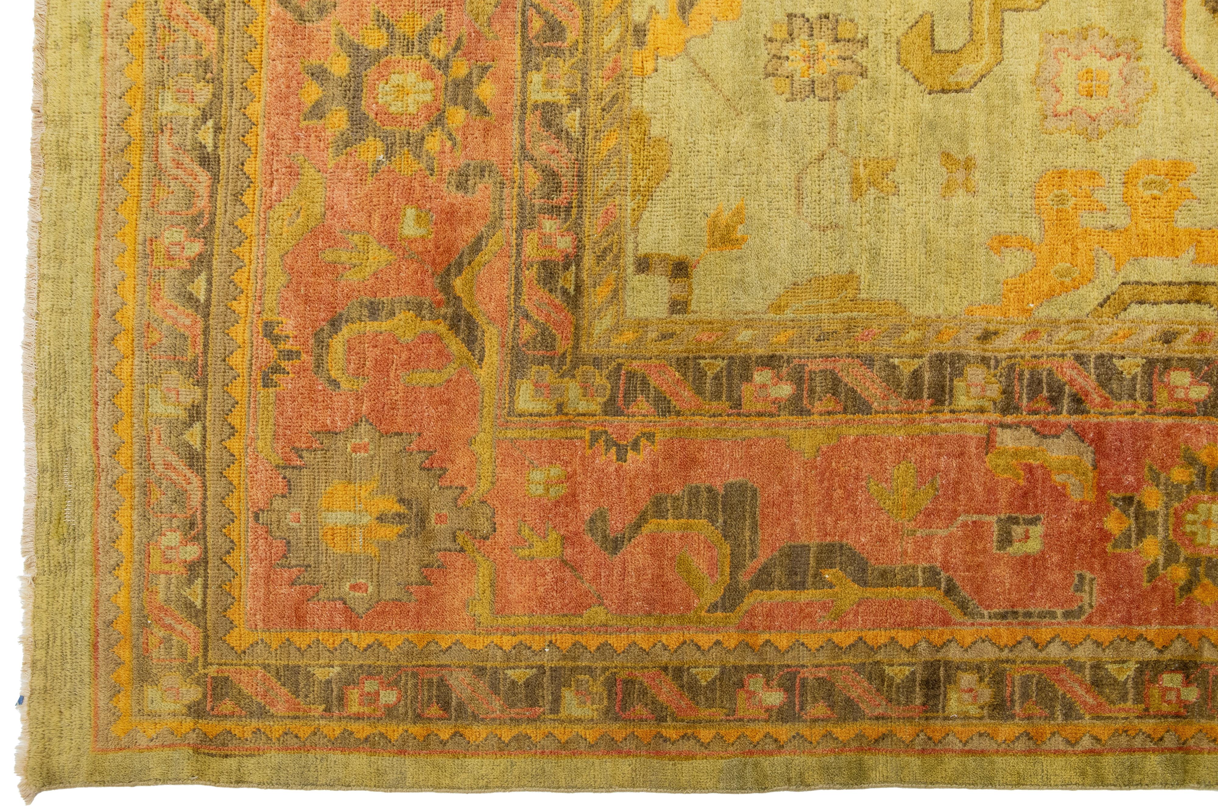 Room Size Vintage Turkish Oushak Designed Wool Rug Handmade In Green For Sale 2