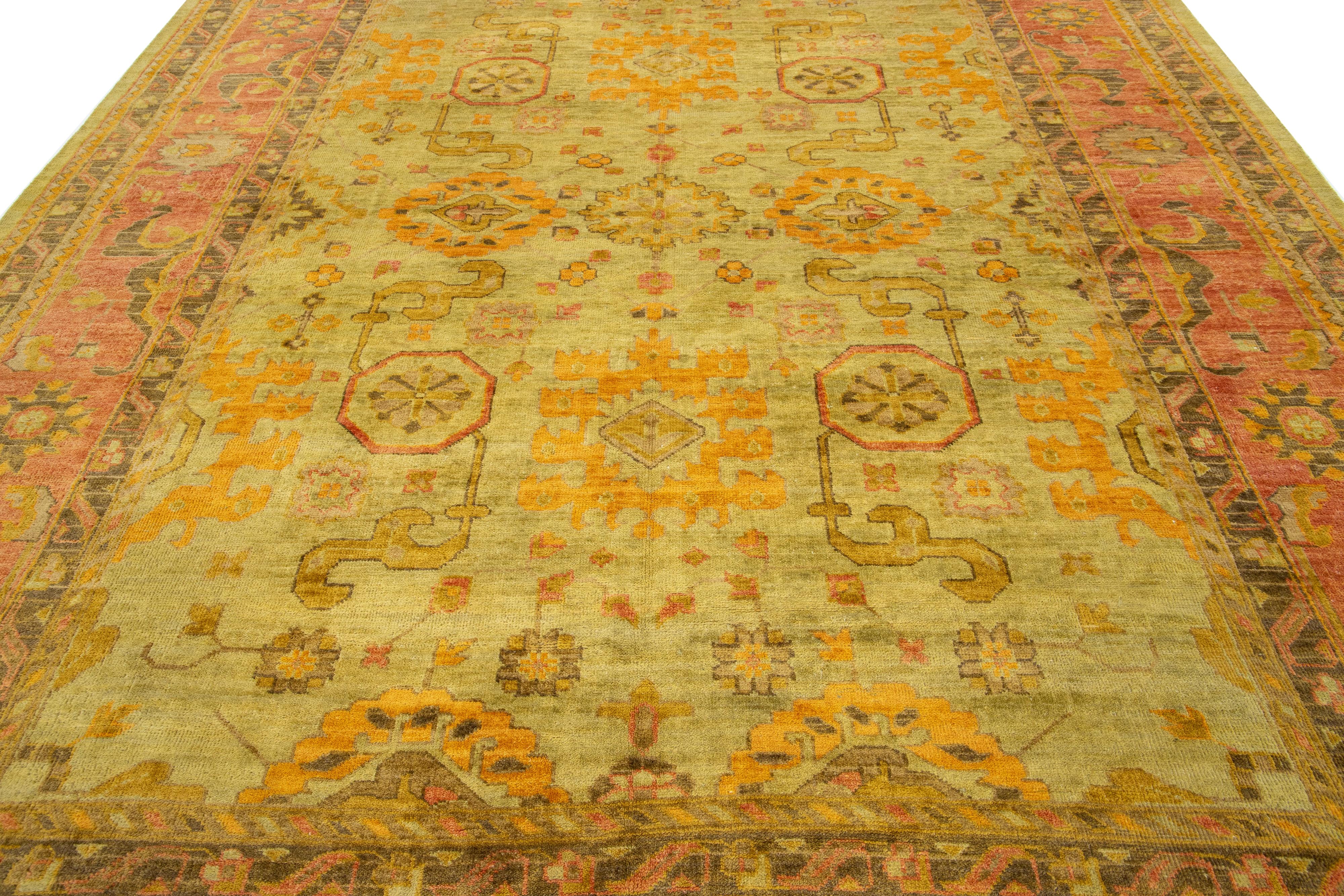 Room Size Vintage Turkish Oushak Designed Wool Rug Handmade In Green For Sale 3