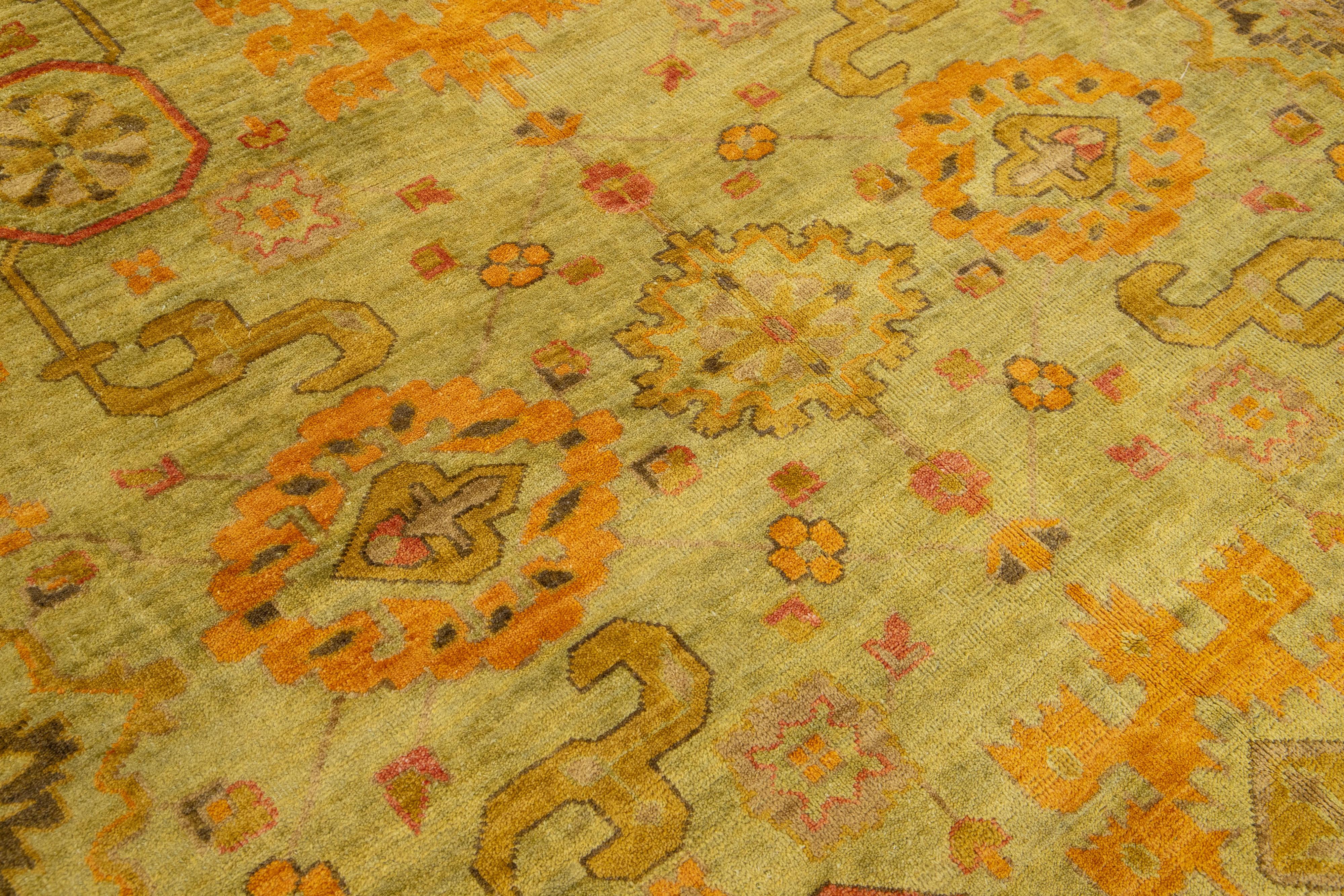 Room Size Vintage Turkish Oushak Designed Wool Rug Handmade In Green For Sale 4