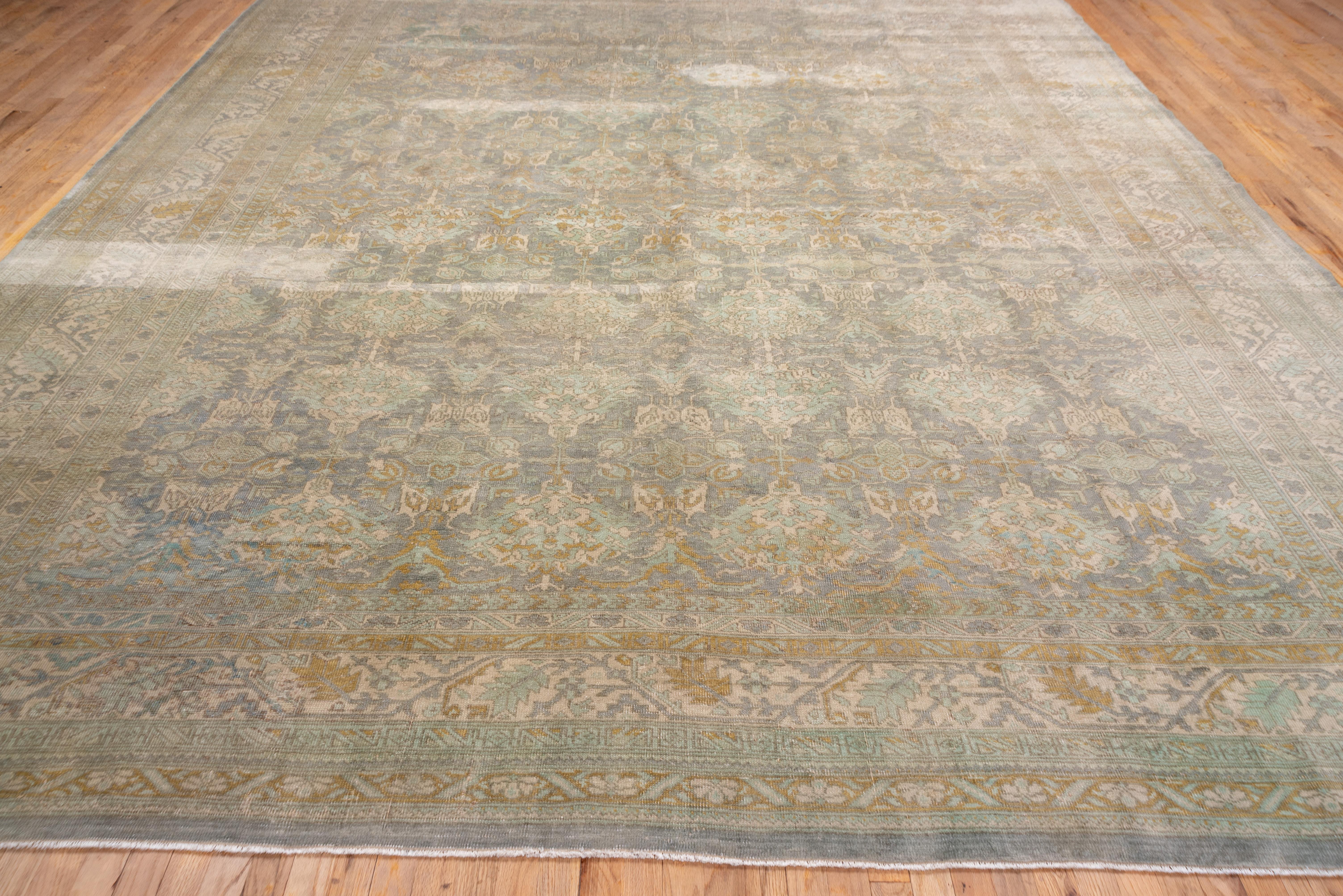 Turkish Room Sized Antique Oushak Rug, Gray & Seafoam Allover Field, Lightly Distressed For Sale