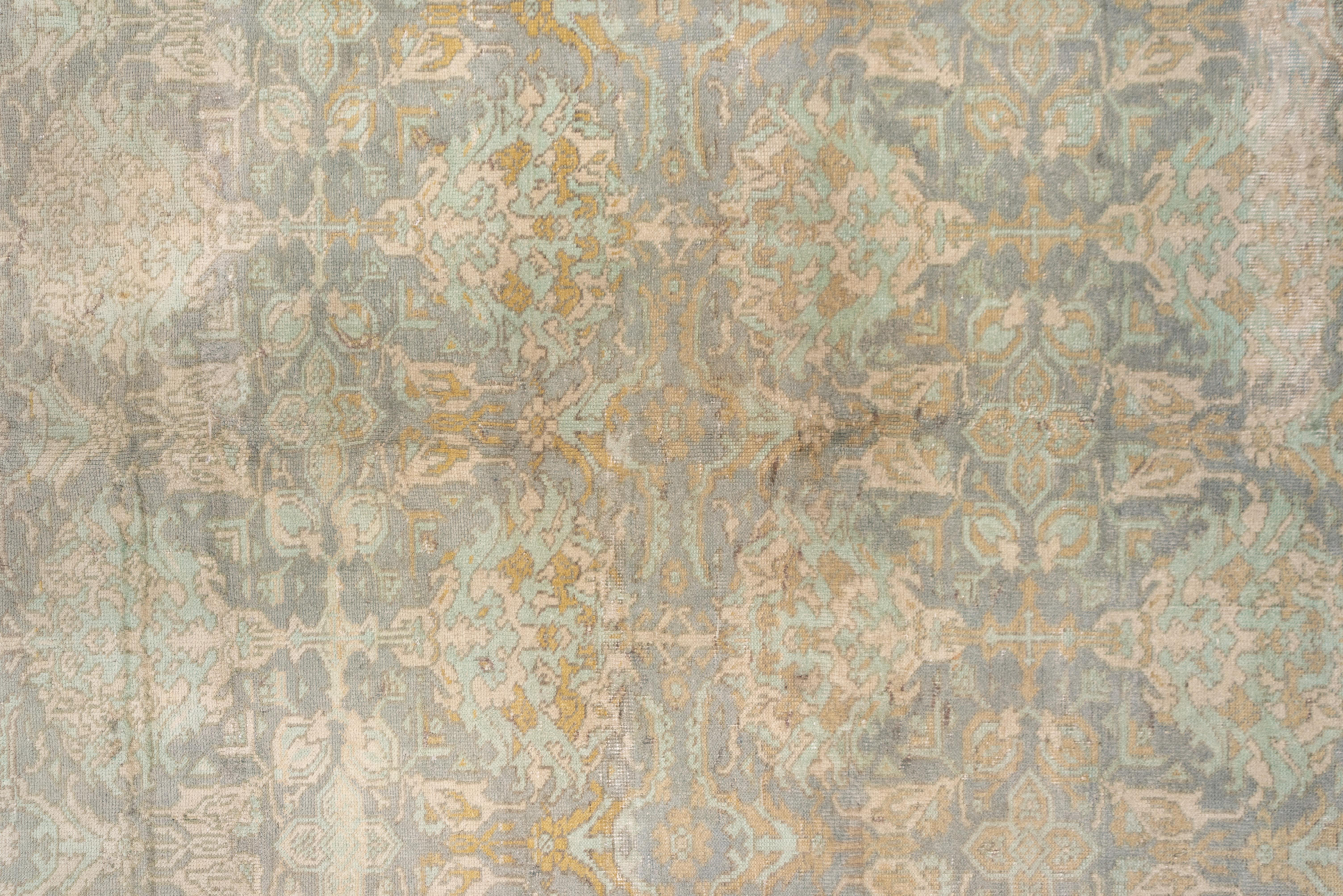 Room Sized Antique Oushak Rug, Gray & Seafoam Allover Field, Lightly Distressed In Good Condition For Sale In New York, NY